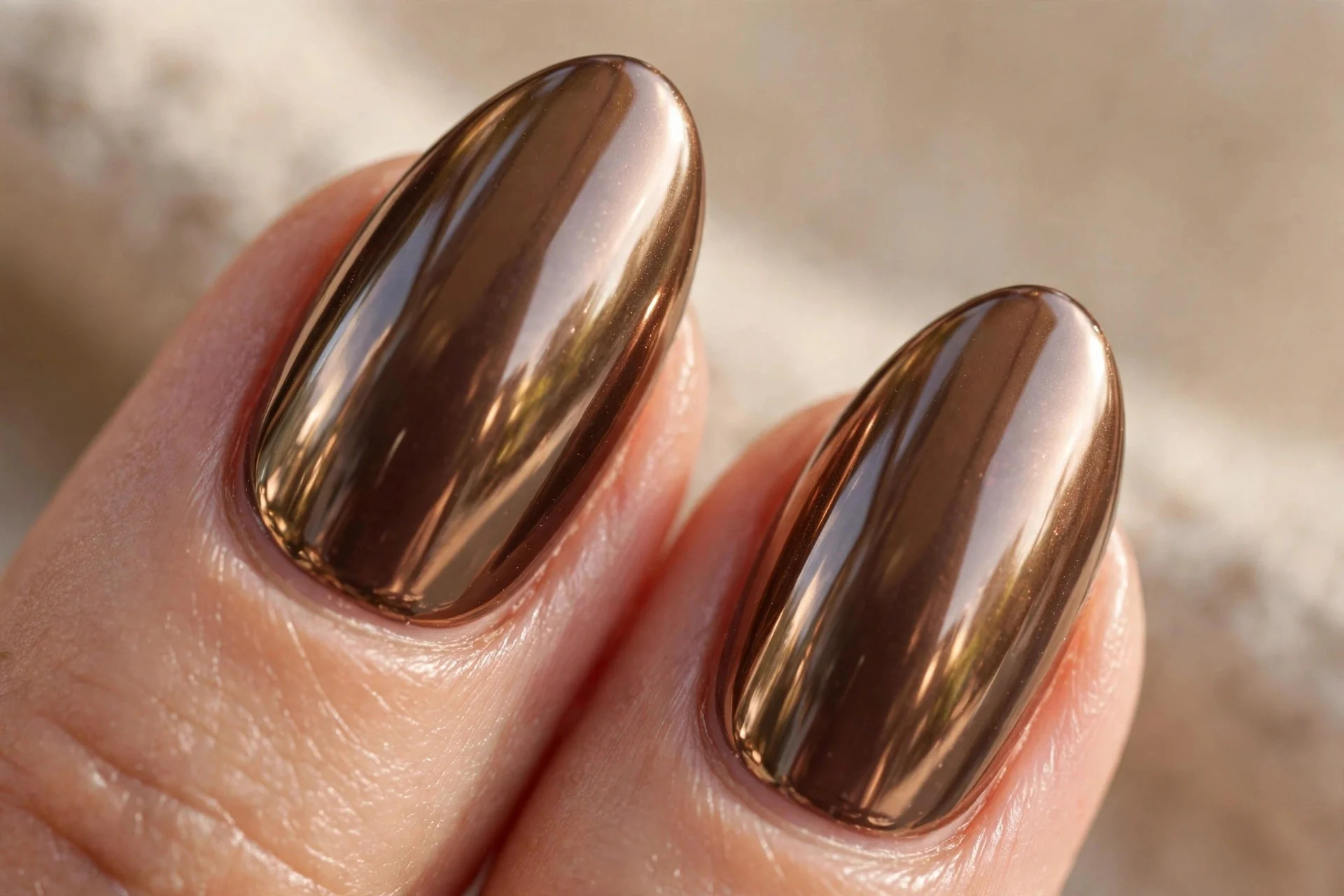 almond nails with reflective brown chrome finish