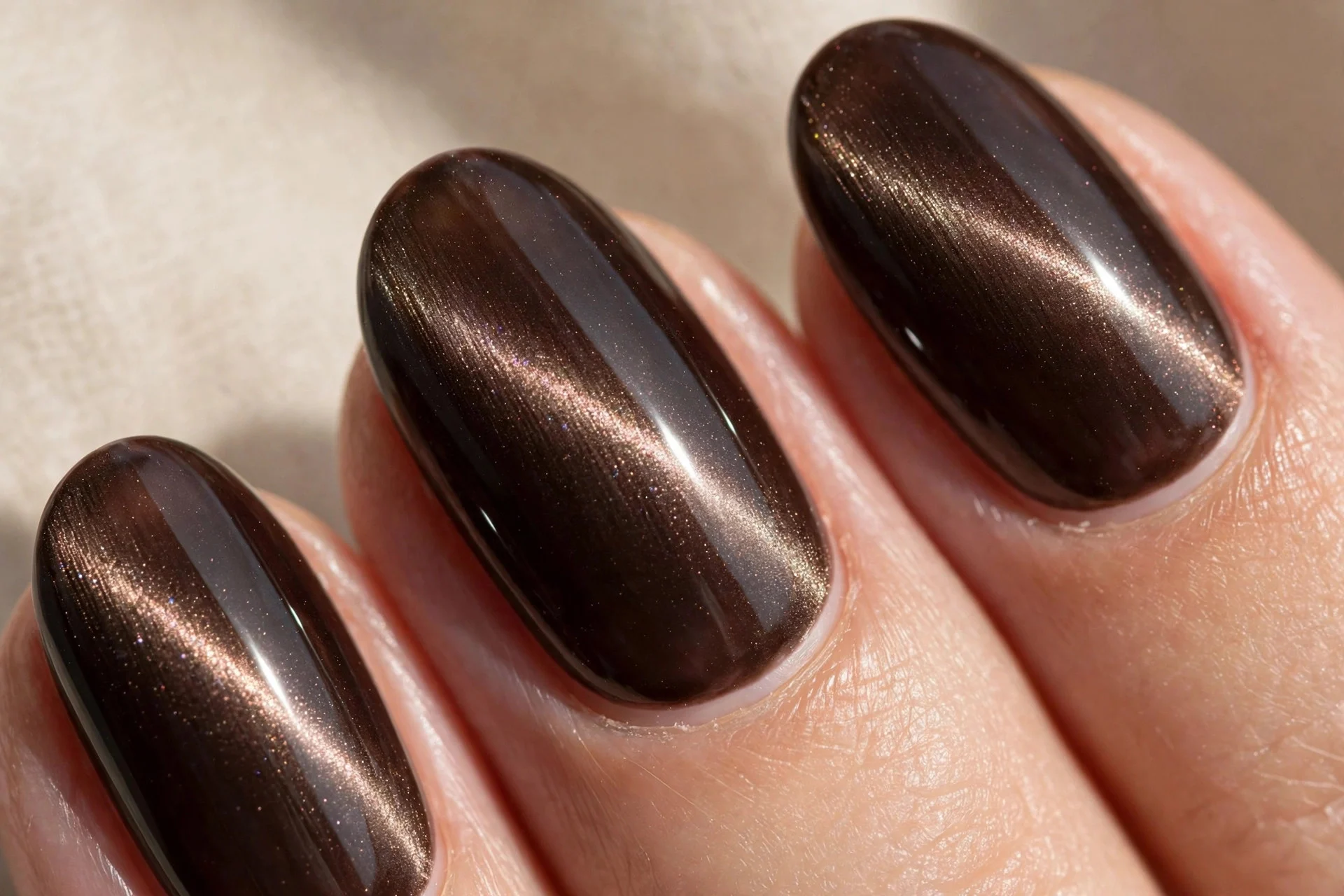 dark brown cat eye nails with magnetic shimmer line
