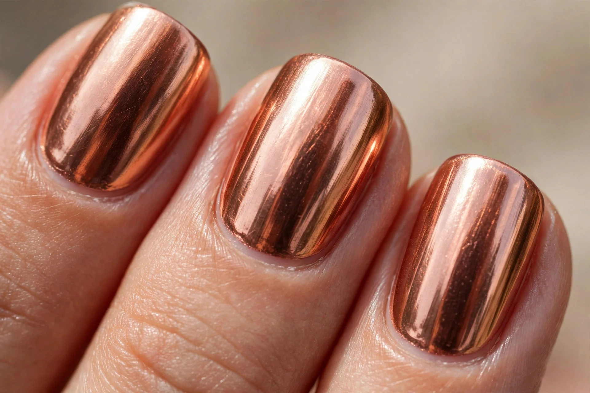 nails with copper-toned chrome finish