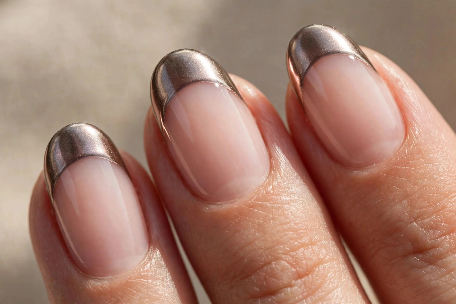 french tip nails with icy brown chrome tips