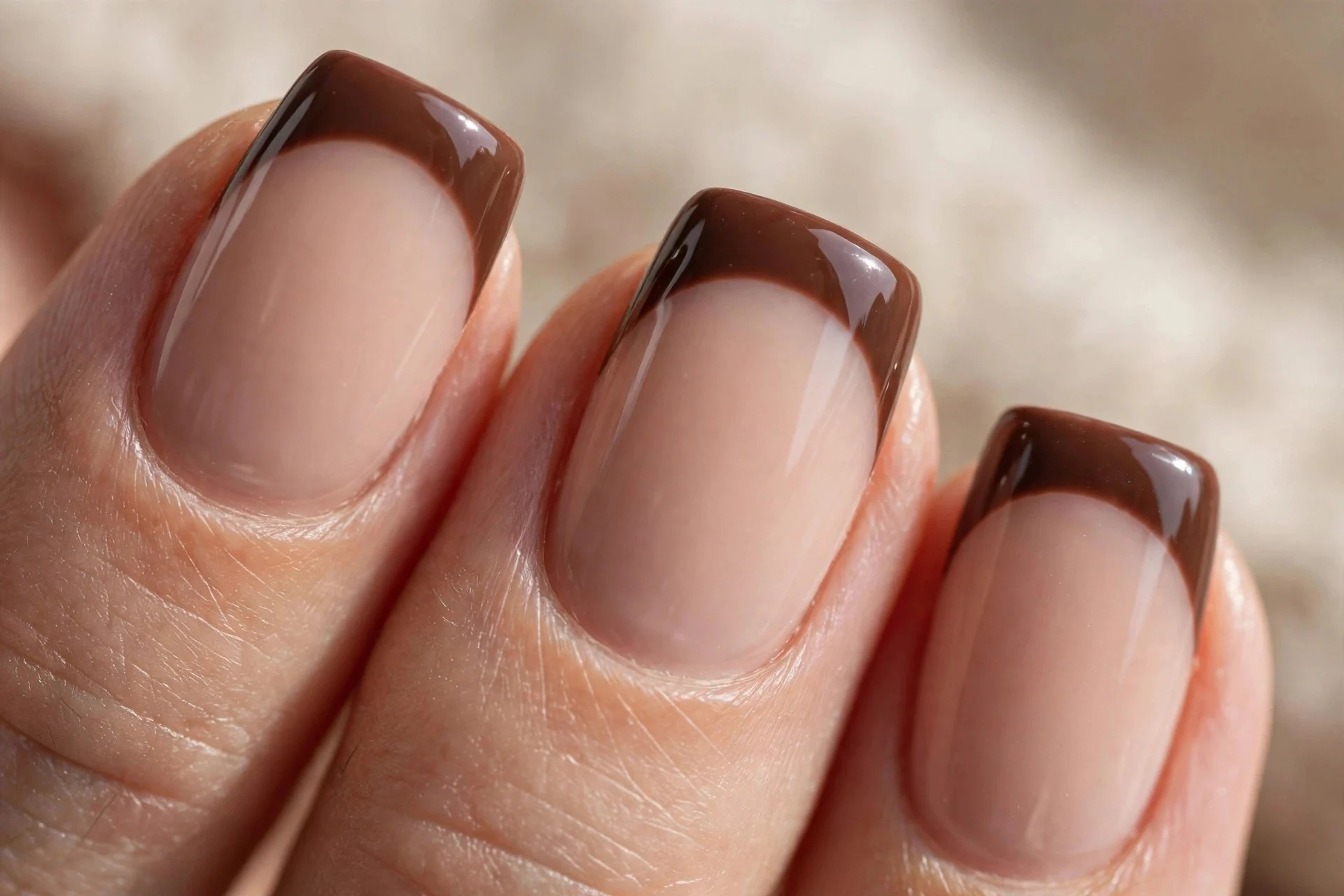 nude nails with chocolate-brown glazed french tips