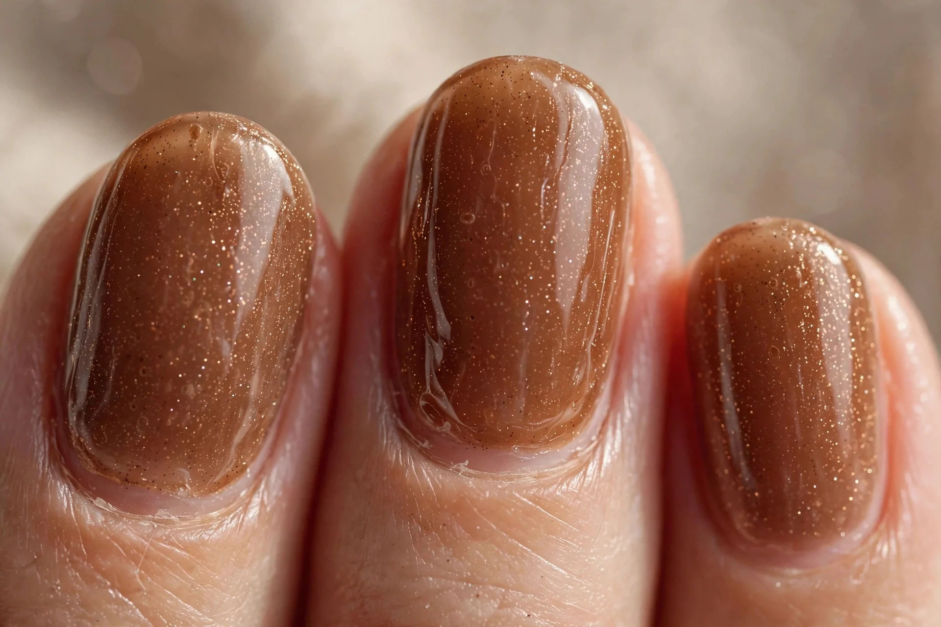 toffee-brown jelly nails with fine shimmer
