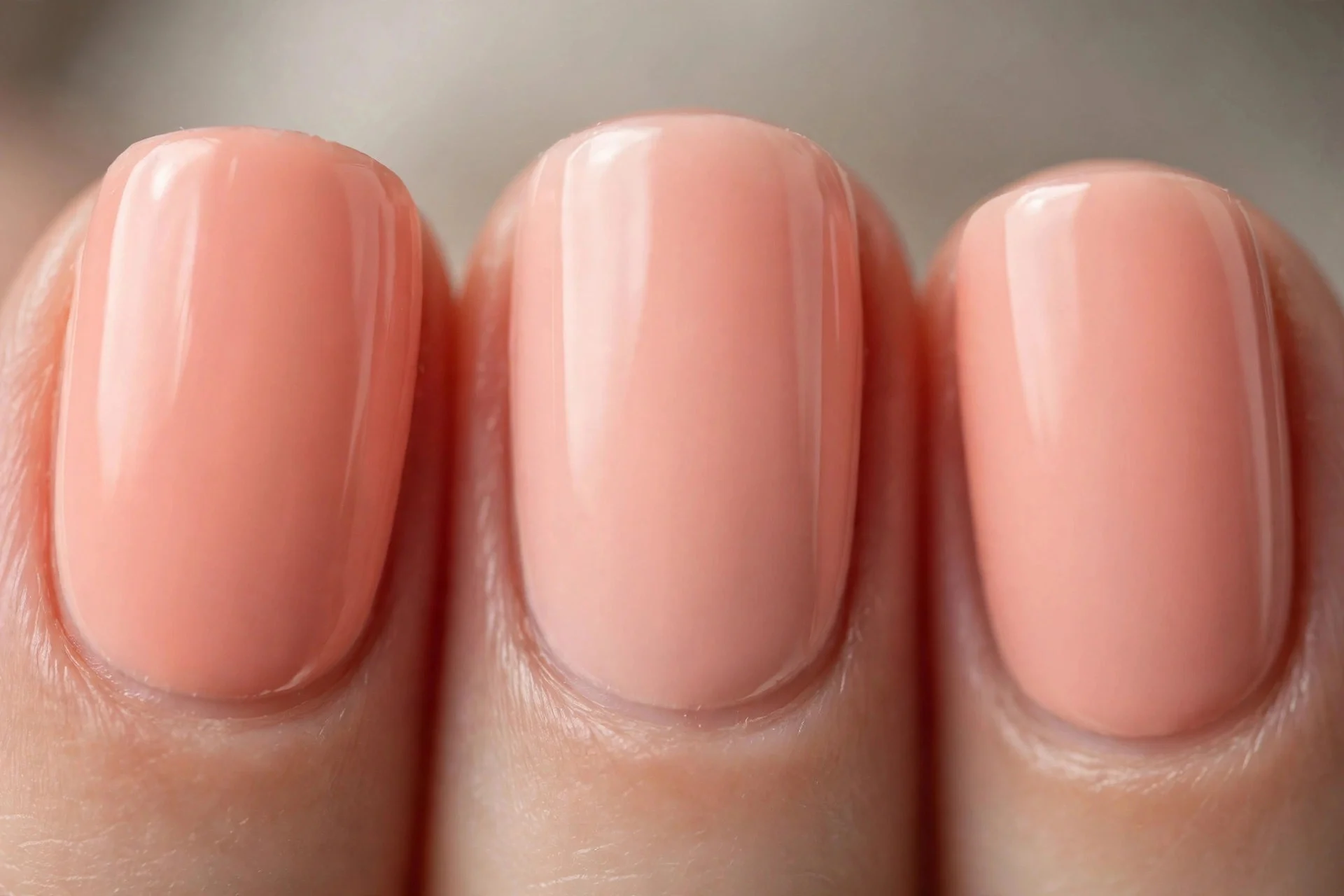 Soft milky peach-coral polish, short squoval nails, glossy