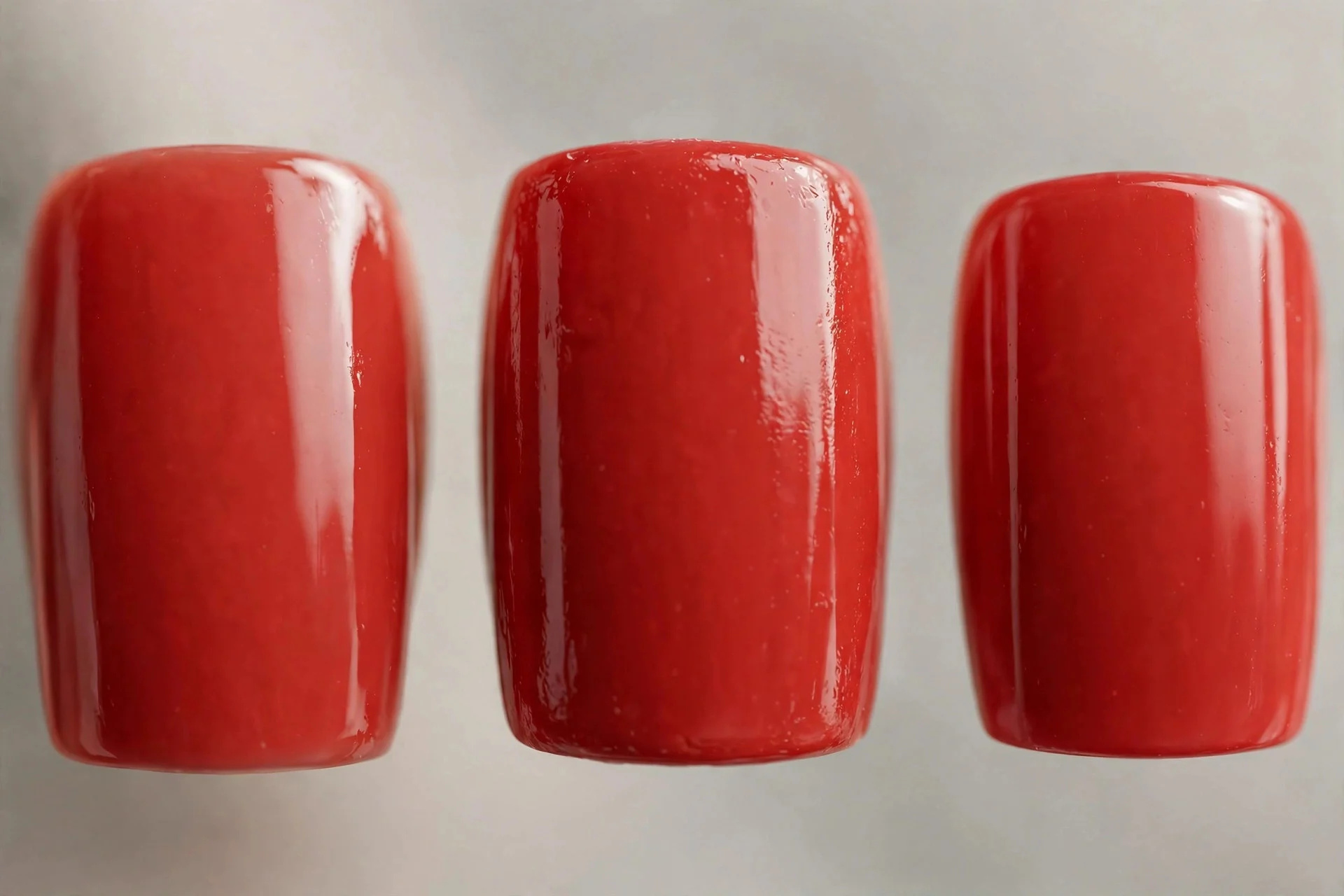 Deep coral-red lacquered polish, medium square nails, high gloss