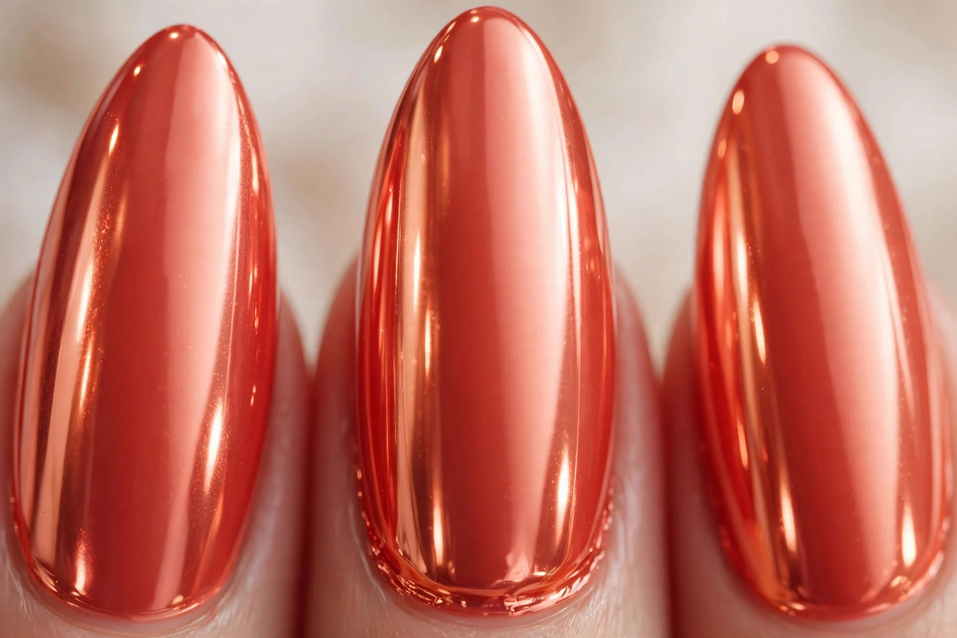 Mirror-bright coral chrome nails, long almond, warm metallic shine