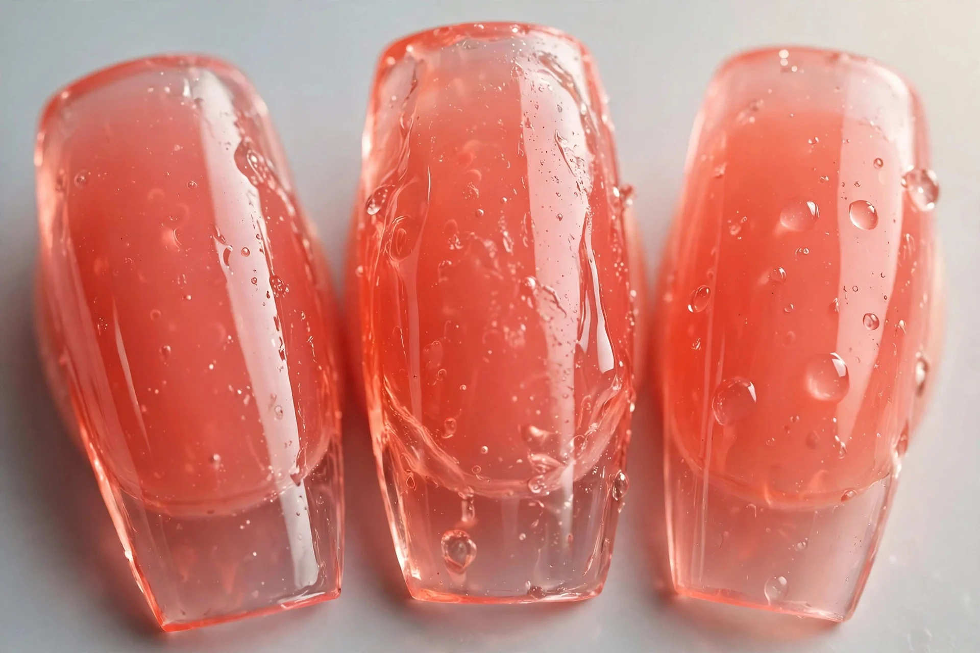 Translucent coral jelly nails, medium coffin, glassy juicy finish