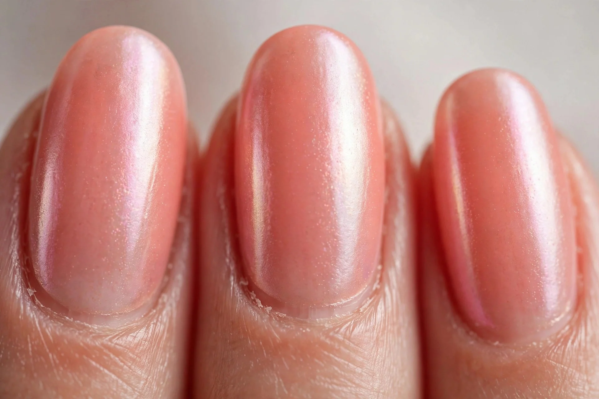 Milky coral nails with pearl chrome glaze, short almond, luminous