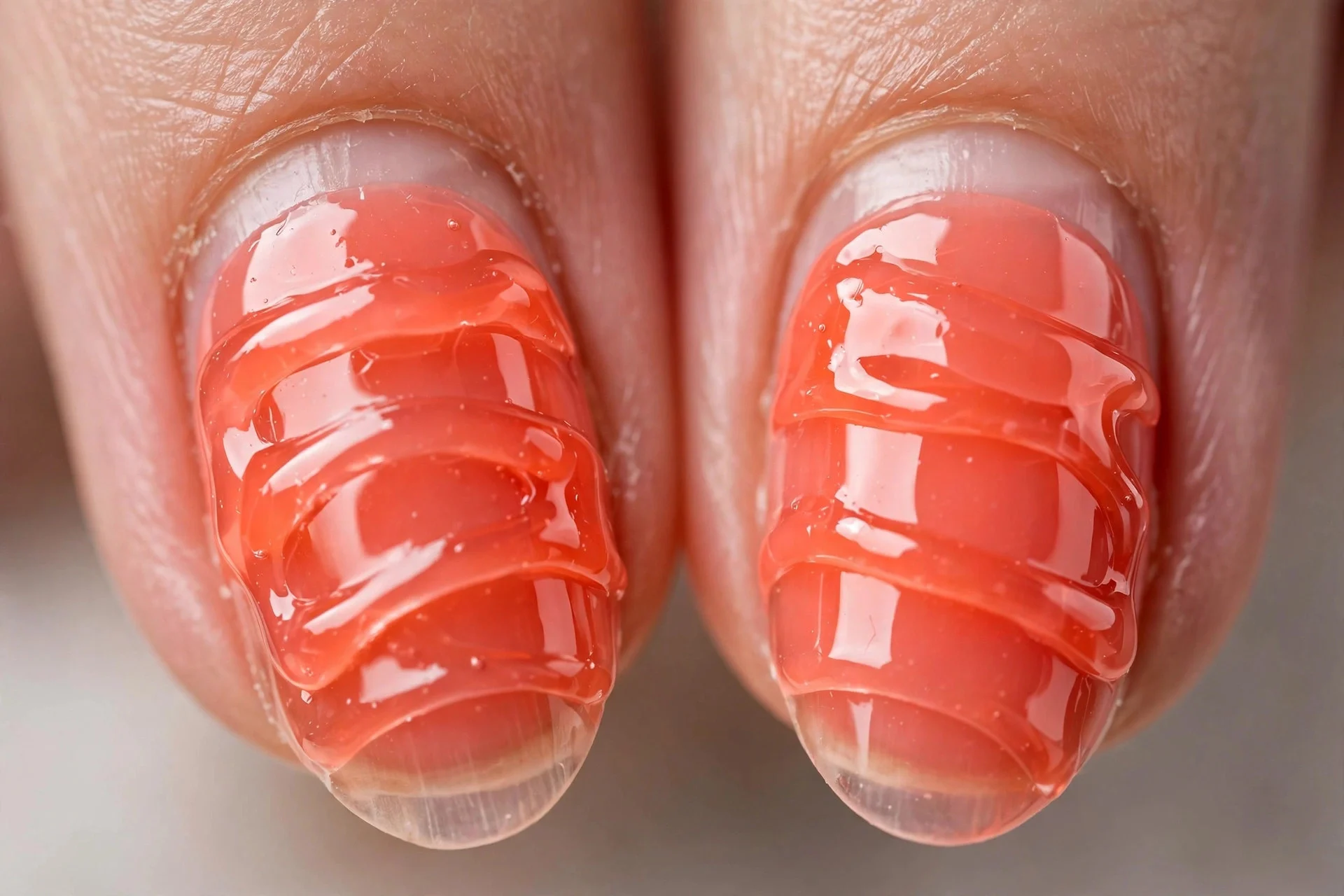 Layered translucent coral syrup nails, almond nails, candy depth