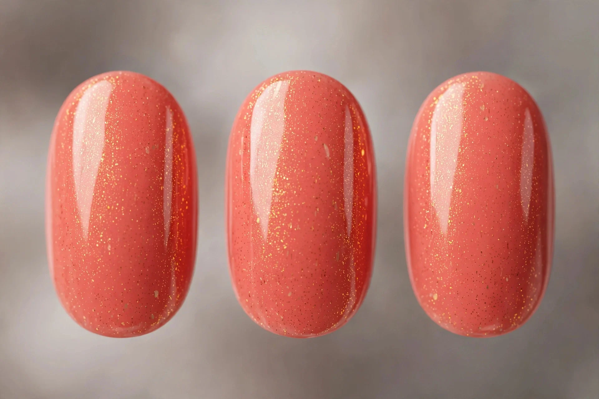 Coral polish with fine gold shimmer, oval nails, glossy