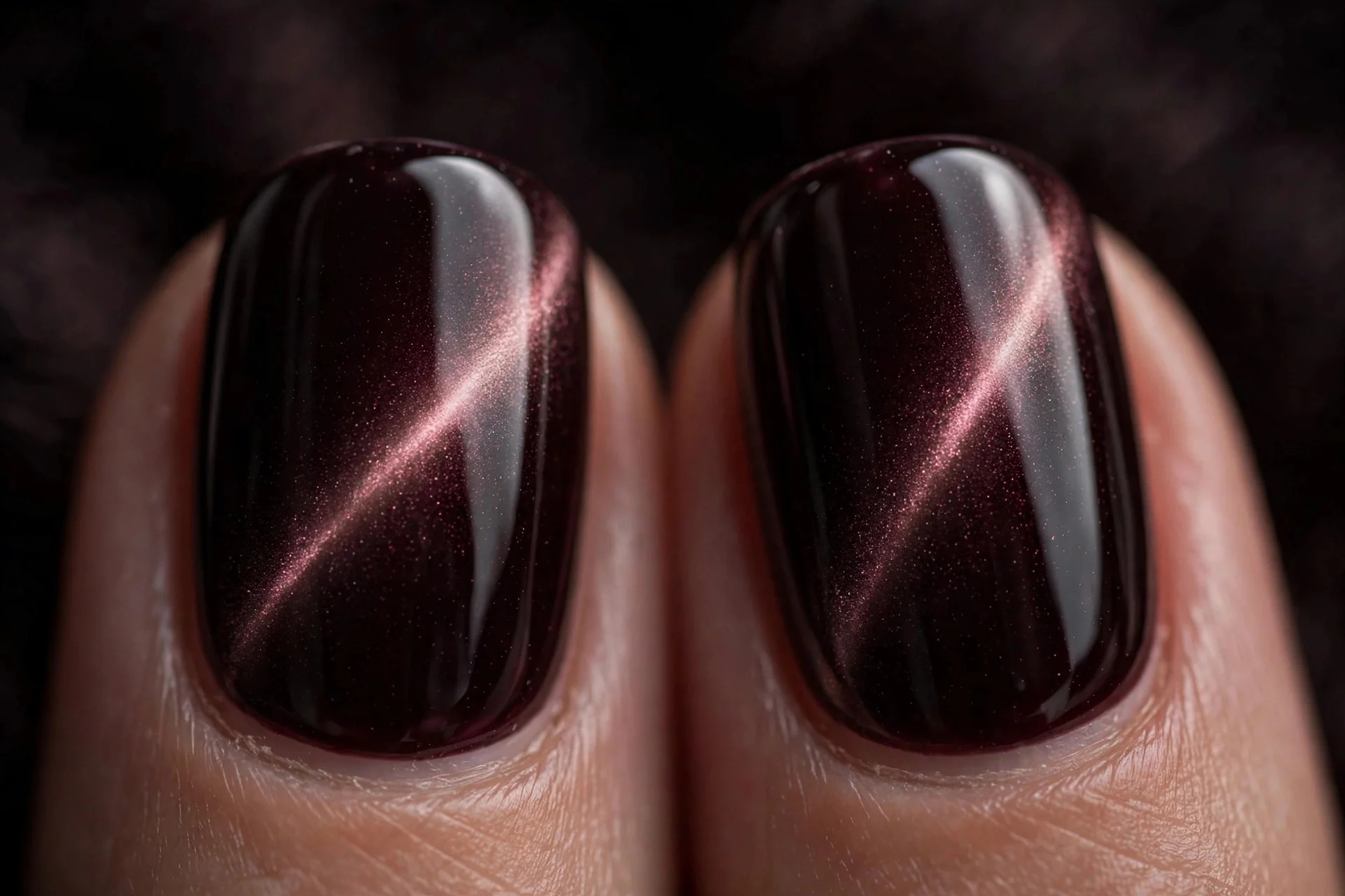 Extreme macro of two fingernails in black cherry cat-eye gel with a medium light band under double glossy top coat, glassy de