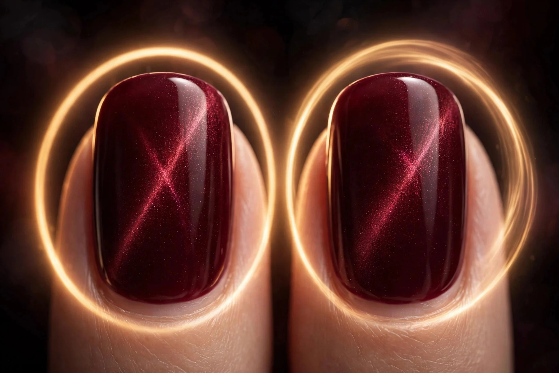 Extreme macro of two wide fingernails in bordeaux cat-eye gel with a glowing circular halo ring, dramatic formation