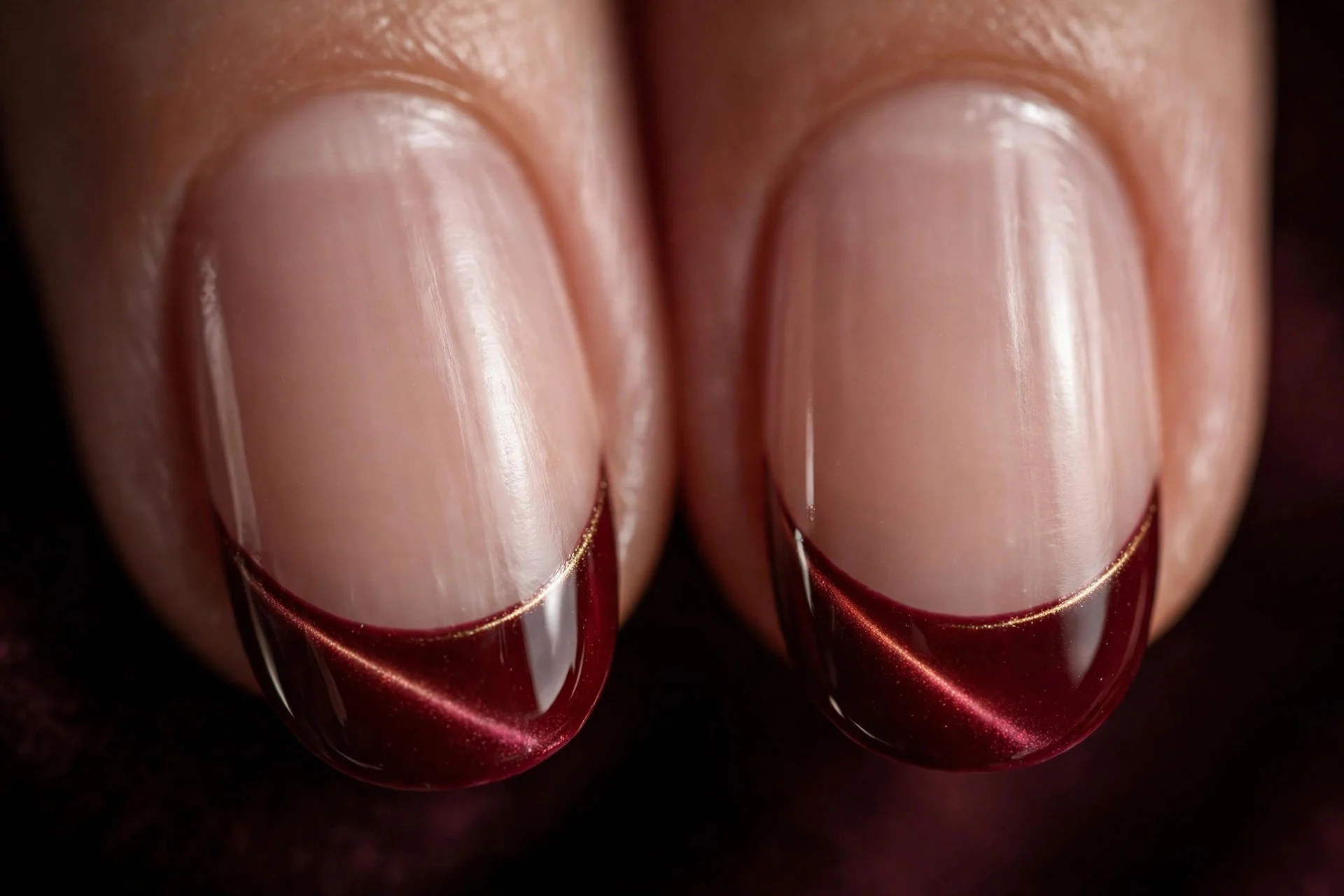 Extreme macro of two fingernails with sheer nude bases and oxblood cat-eye French tips, thin glowing smile lines