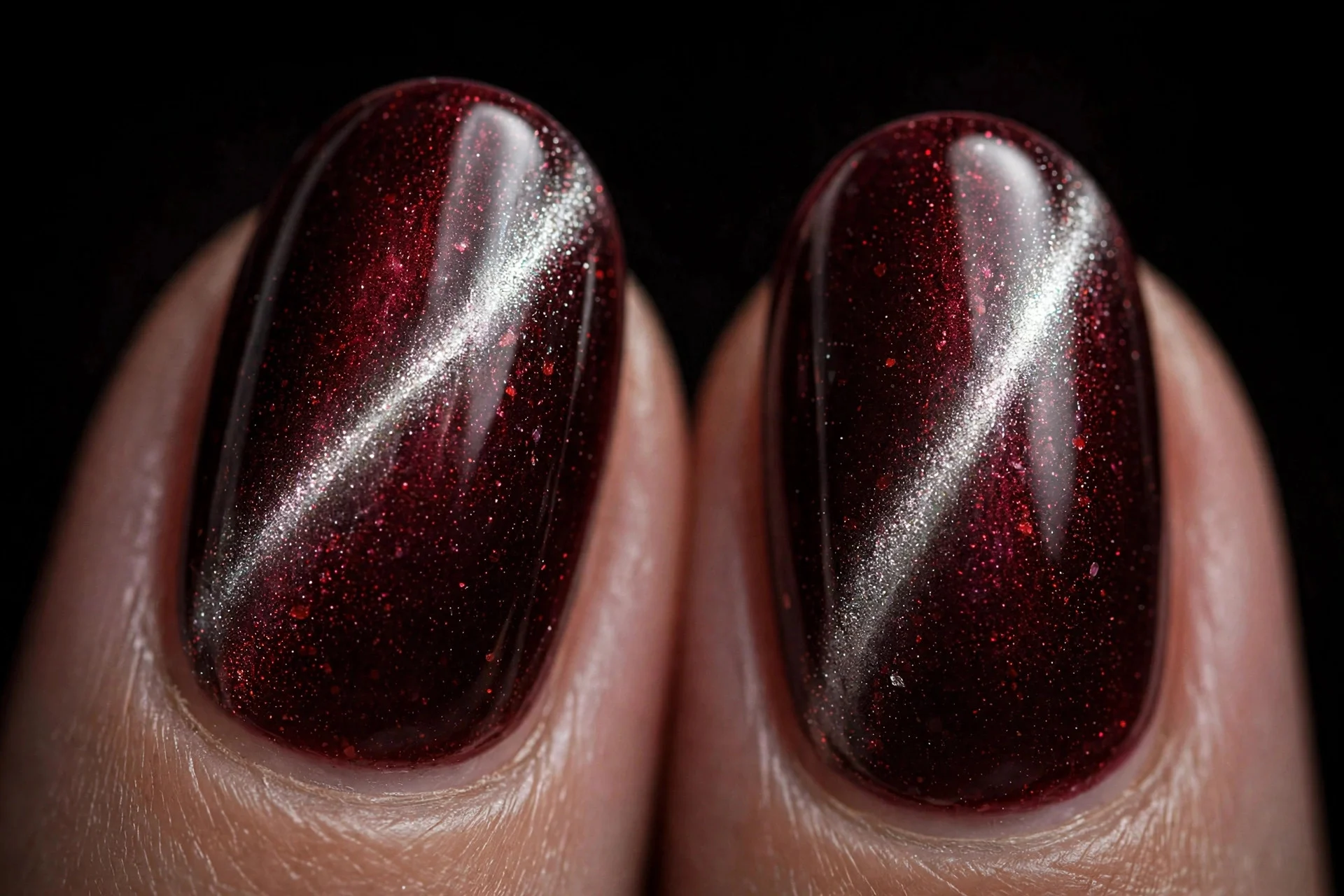 Extreme macro of two fingernails in garnet cat-eye gel with a mirror-bright band showing silver highlights, flawless finish
