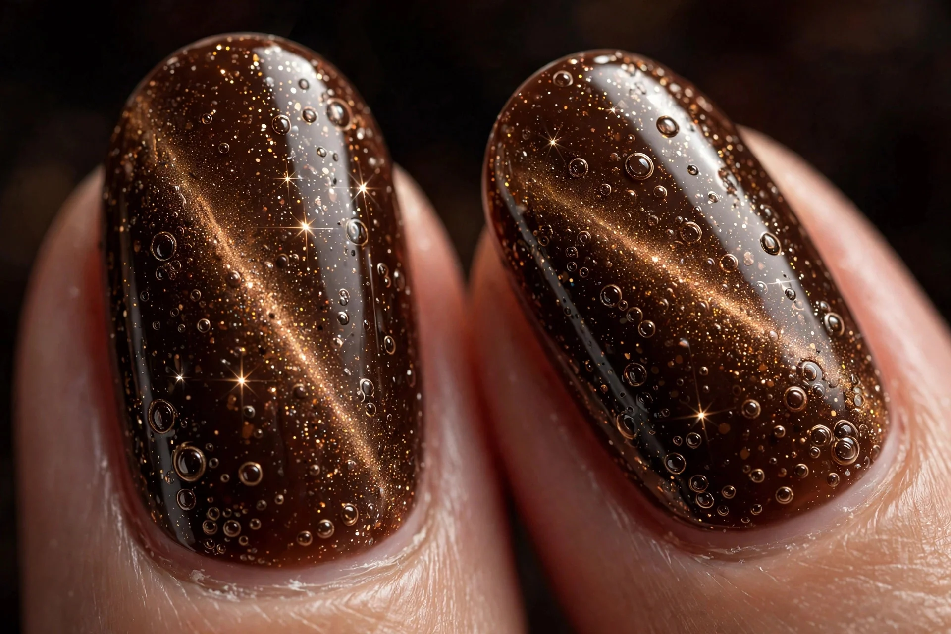 Extreme macro of two fingernails in cola-brown cat-eye gel with scattered starburst shimmer points, fizzy sparkling effect