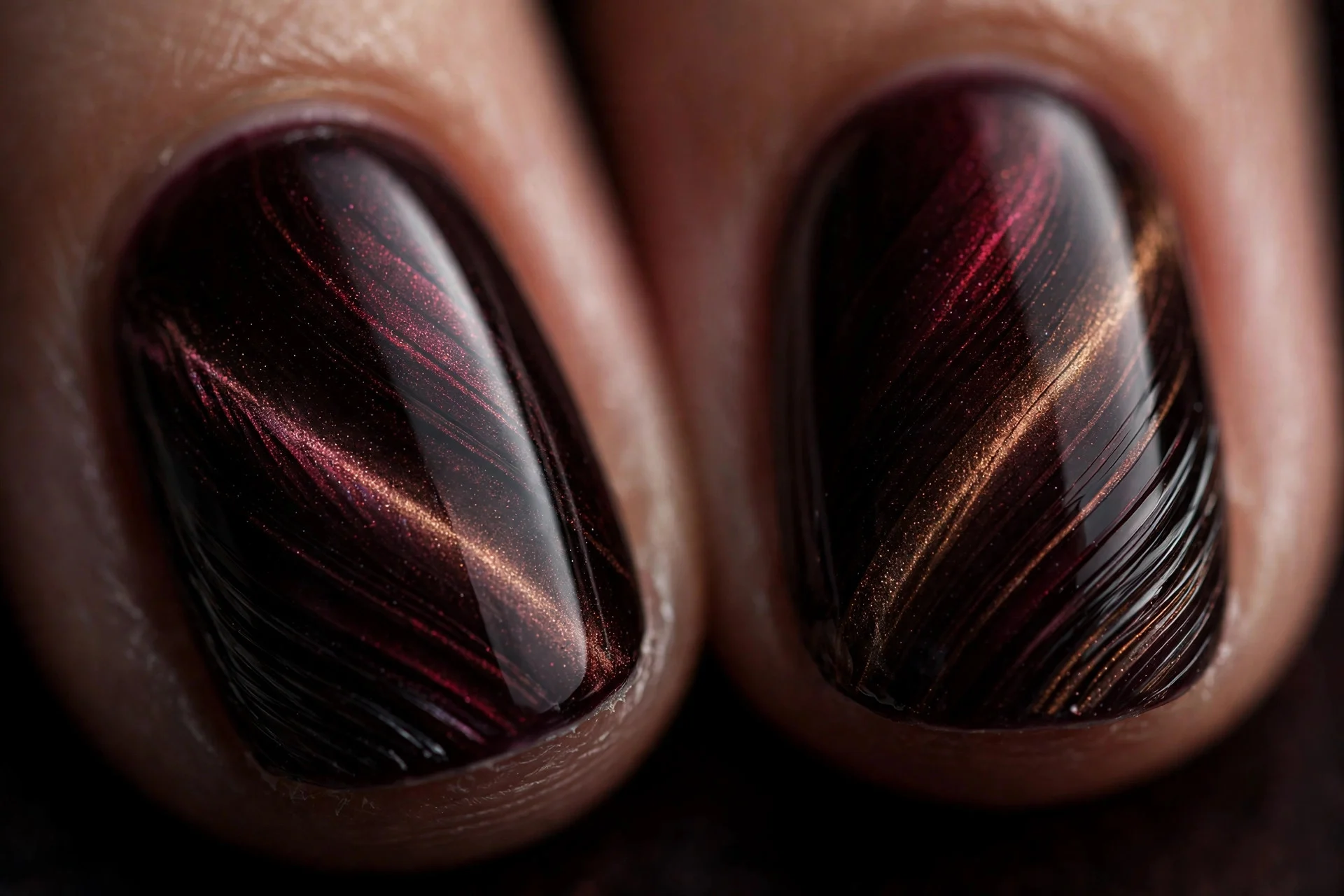 Extreme macro of two fingernails in port cat-eye gel with visibly layered dimensional magnetic strata, deep complex finish