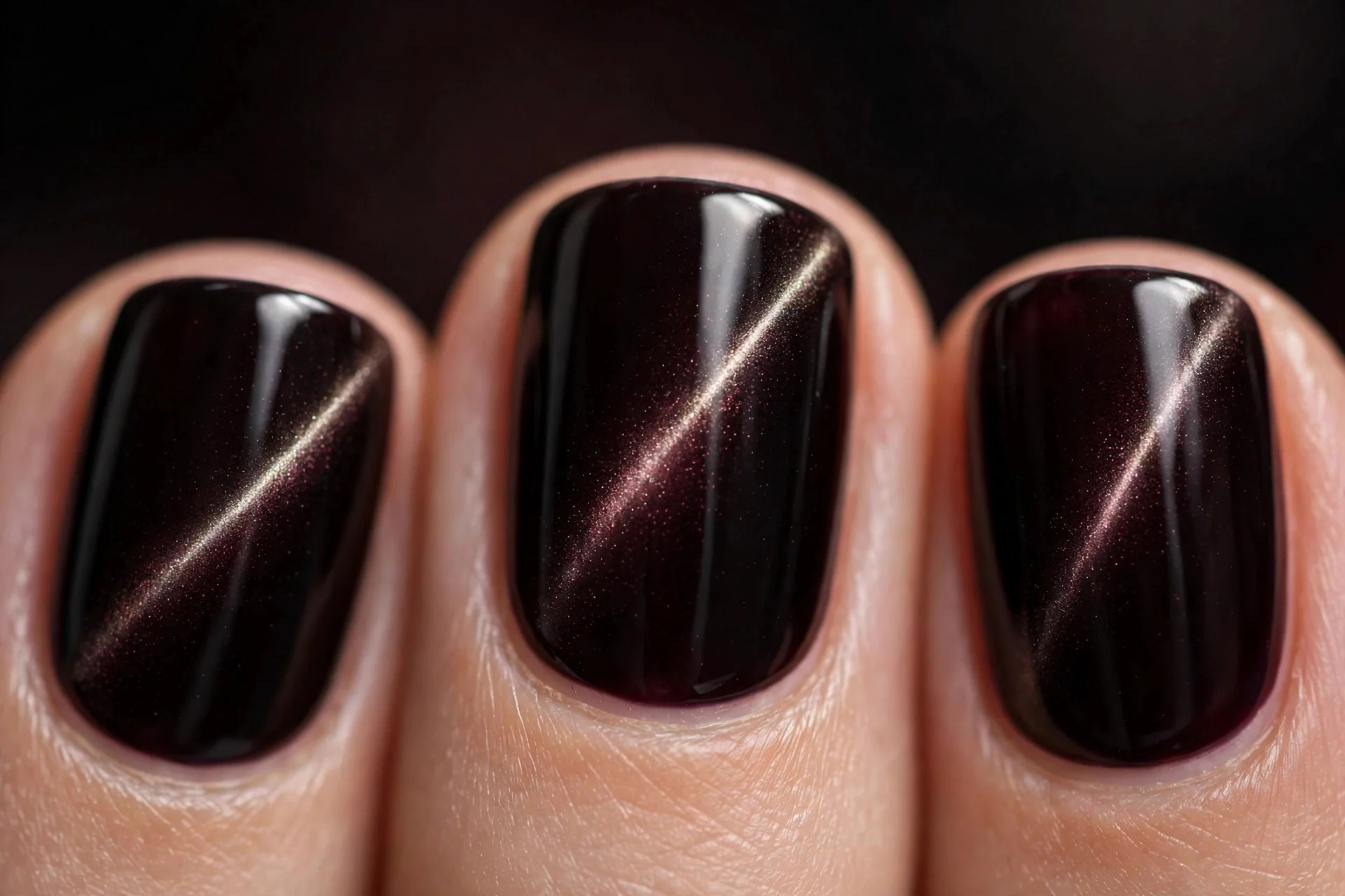 Extreme macro of three short squoval fingernails in black cherry cat-eye gel with a narrow light band, neat wearable finish