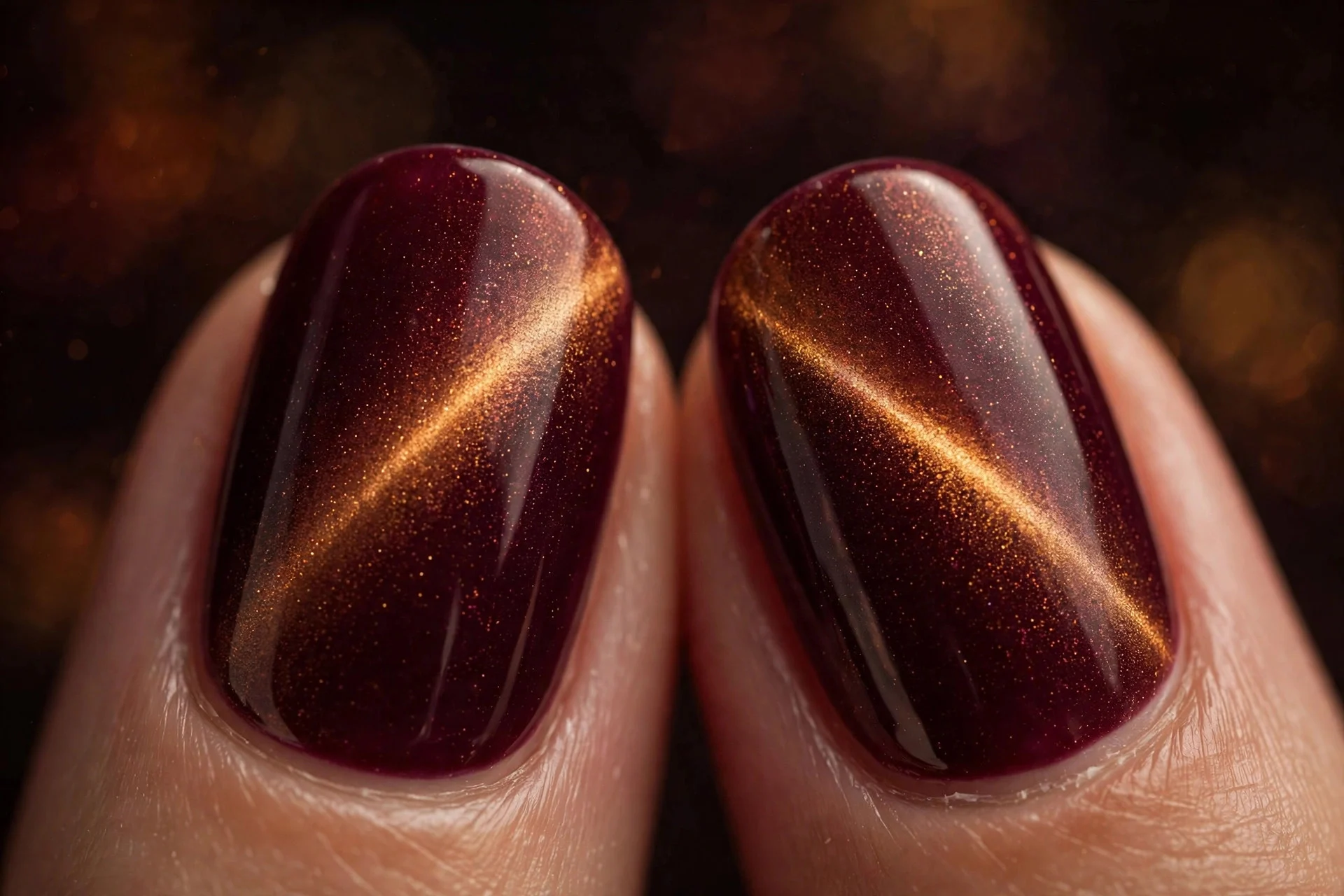 Extreme macro of two fingernails in mulled wine cat-eye gel with a warm diffused glow band, cozy autumnal finish