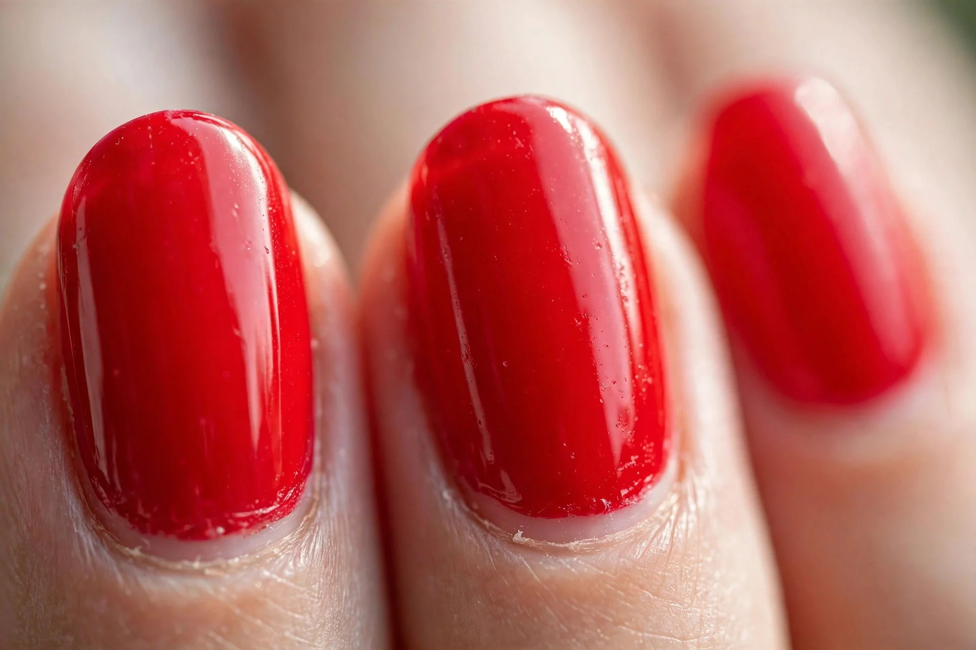 short almond nails coated in glossy true red gel polish