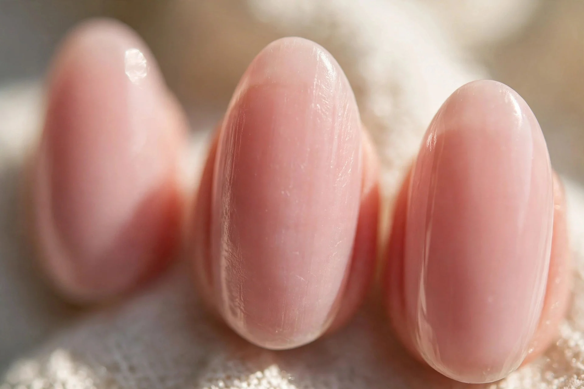 medium almond nails in sheer blush pink polish with a glossy finish