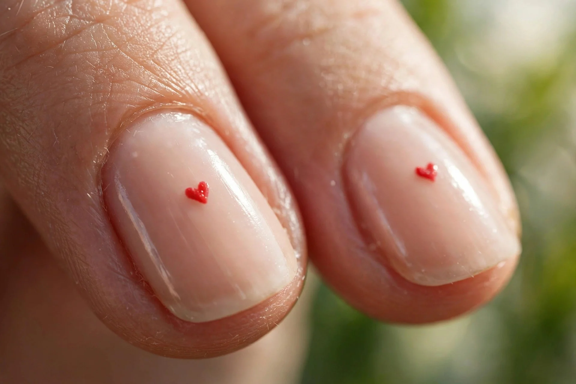nude nails with a tiny red heart painted on each ring finger