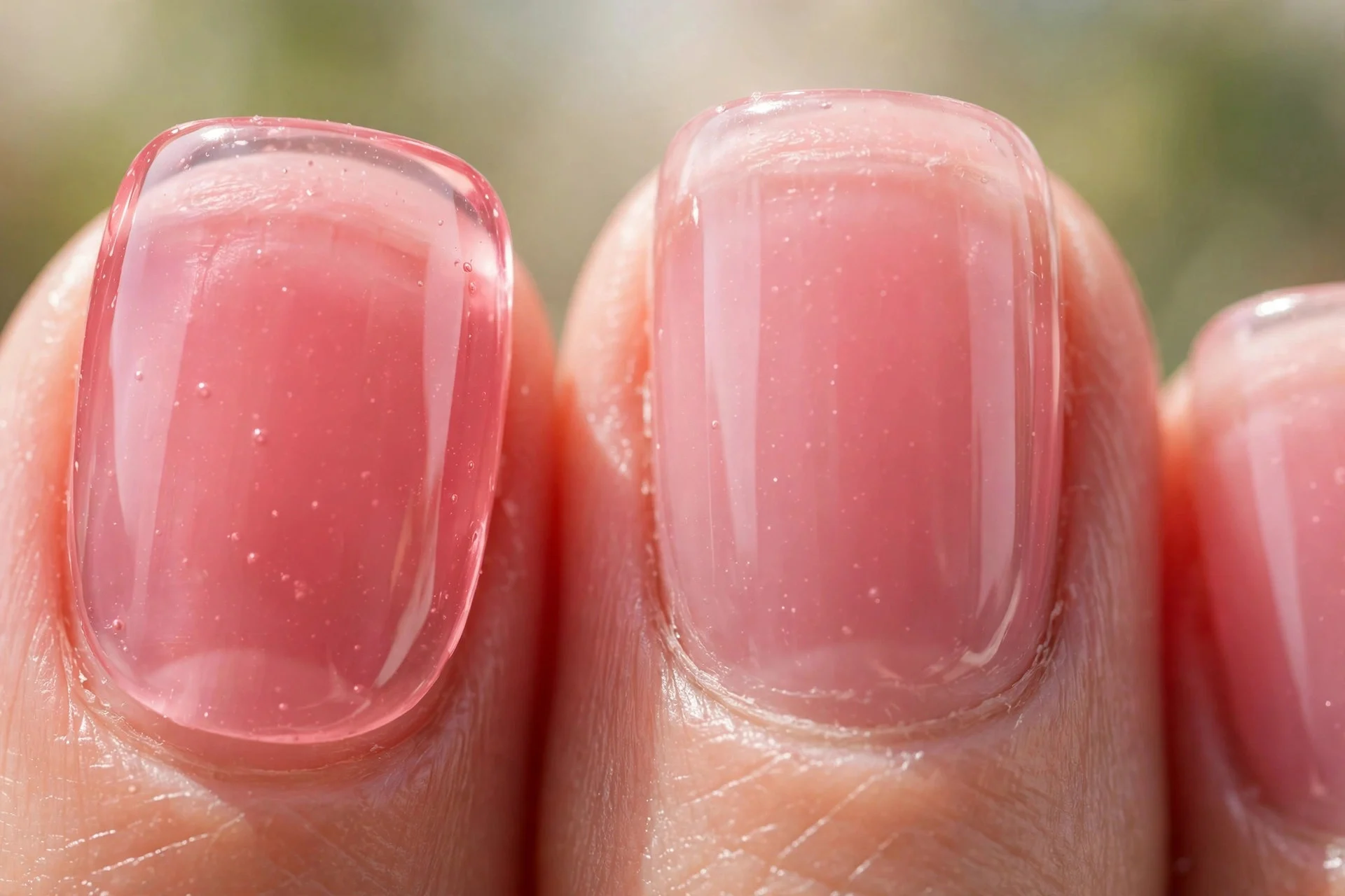 rounded square nails in translucent cherry pink jelly polish