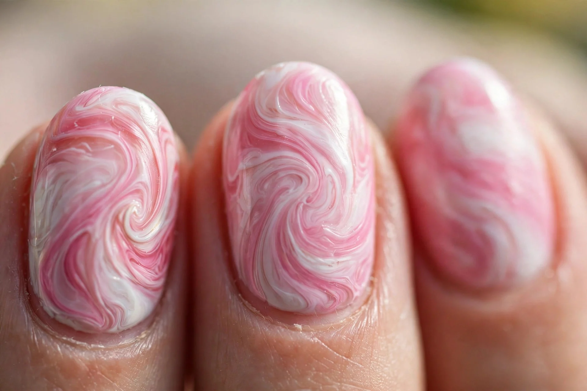 pink and white swirled nail art on medium oval nails