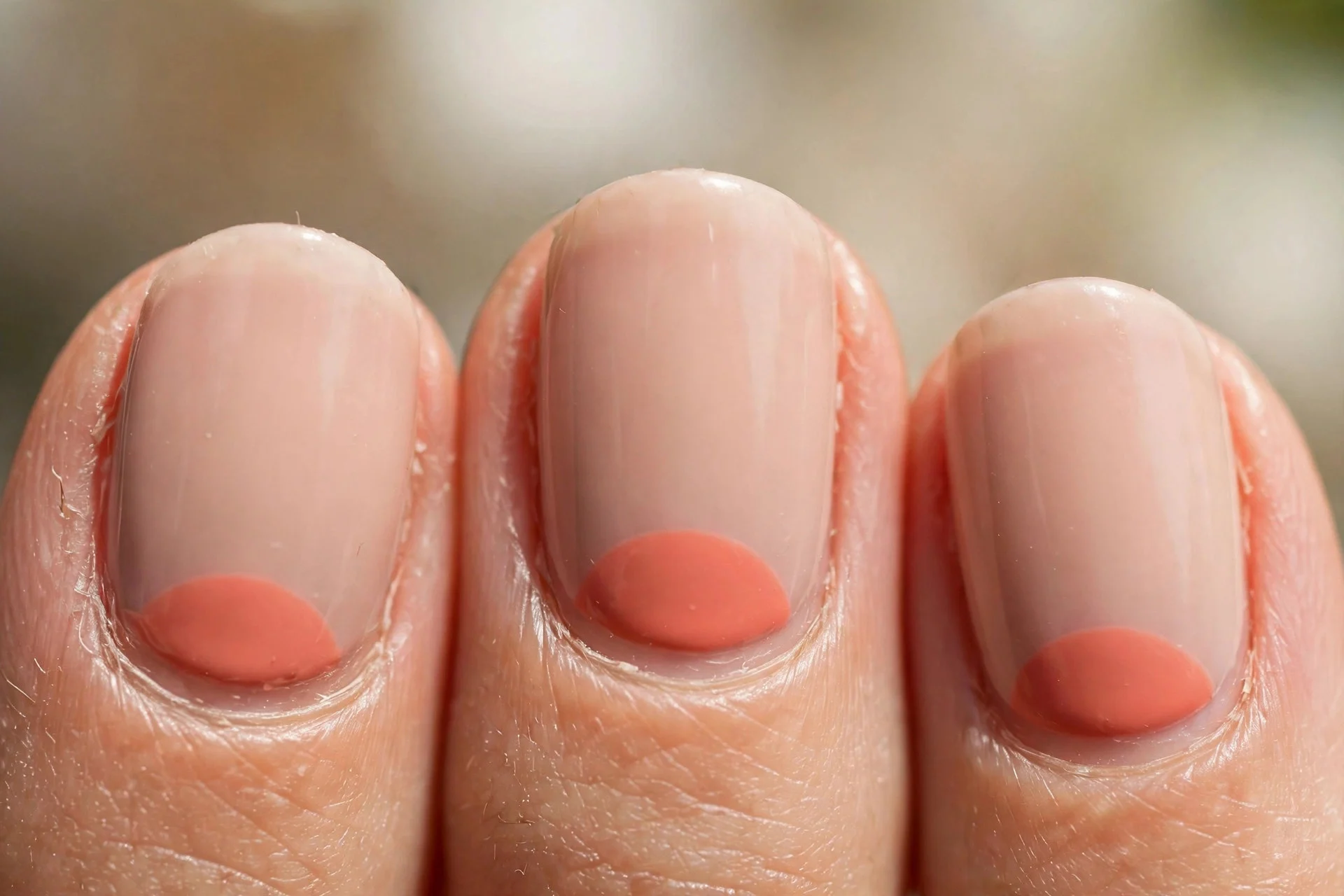 nude nails with coral half-moon designs at the cuticle