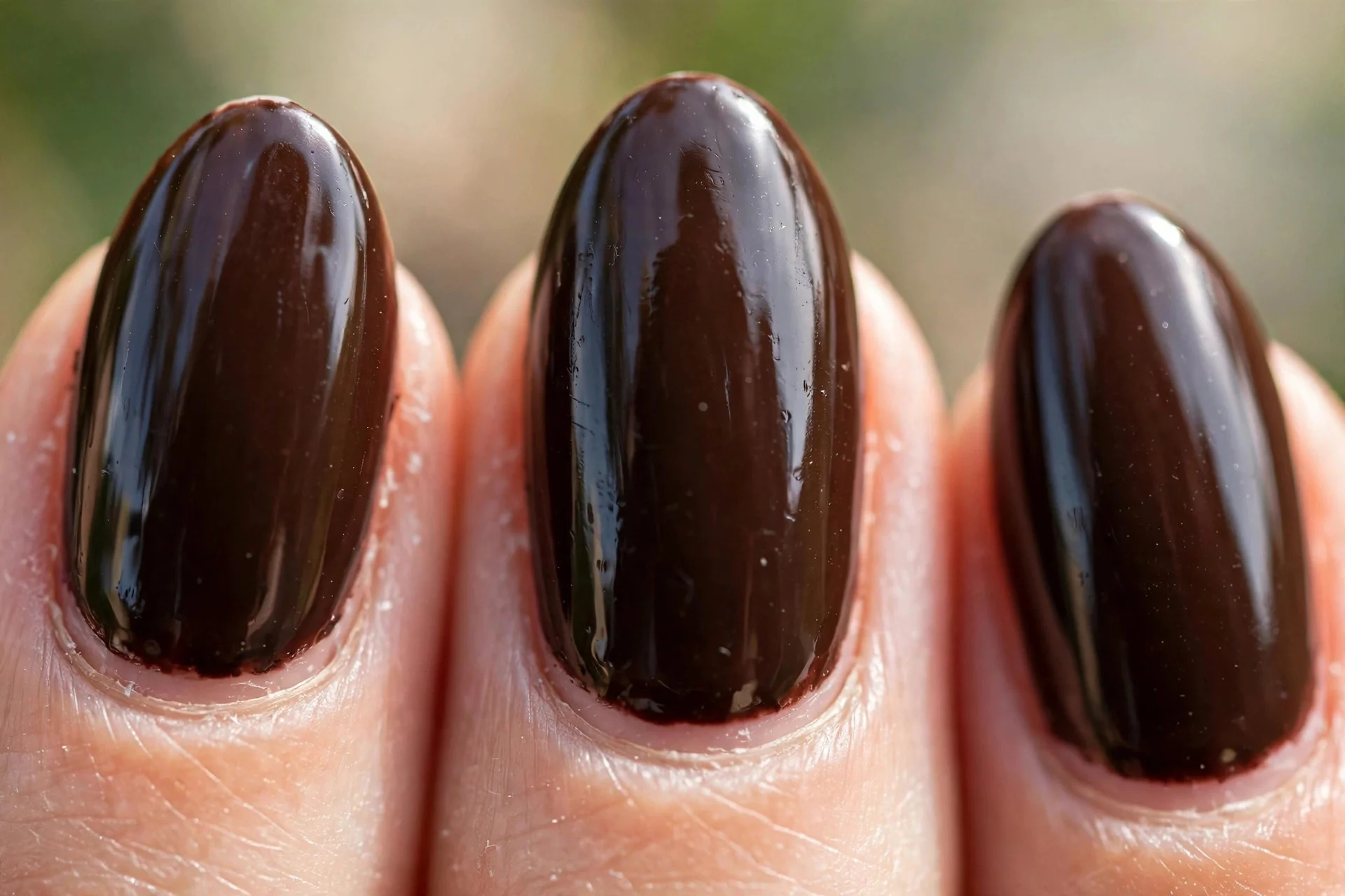 almond nails in deep glossy espresso brown polish