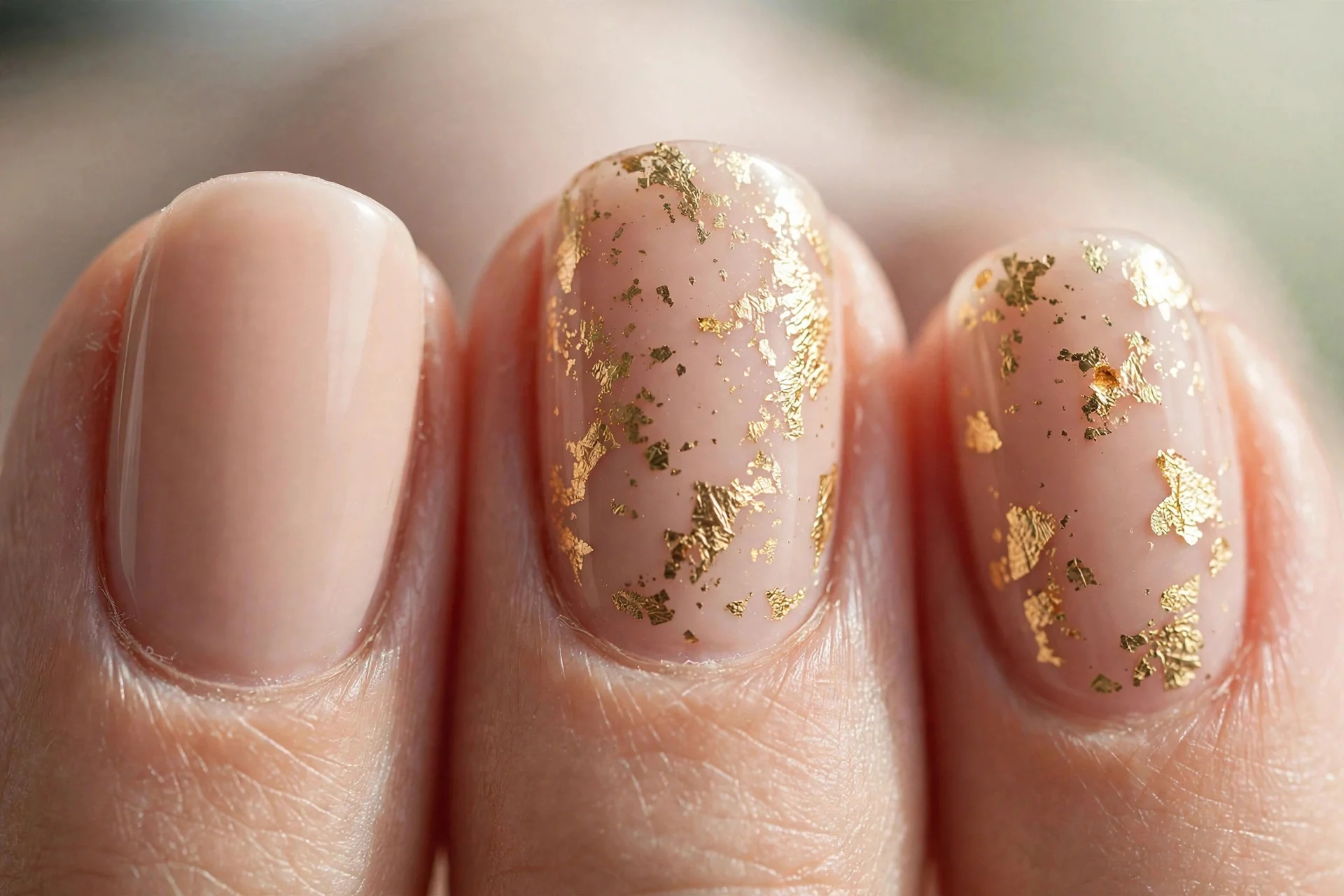 nude nails with delicate gold foil pieces on two accent nails