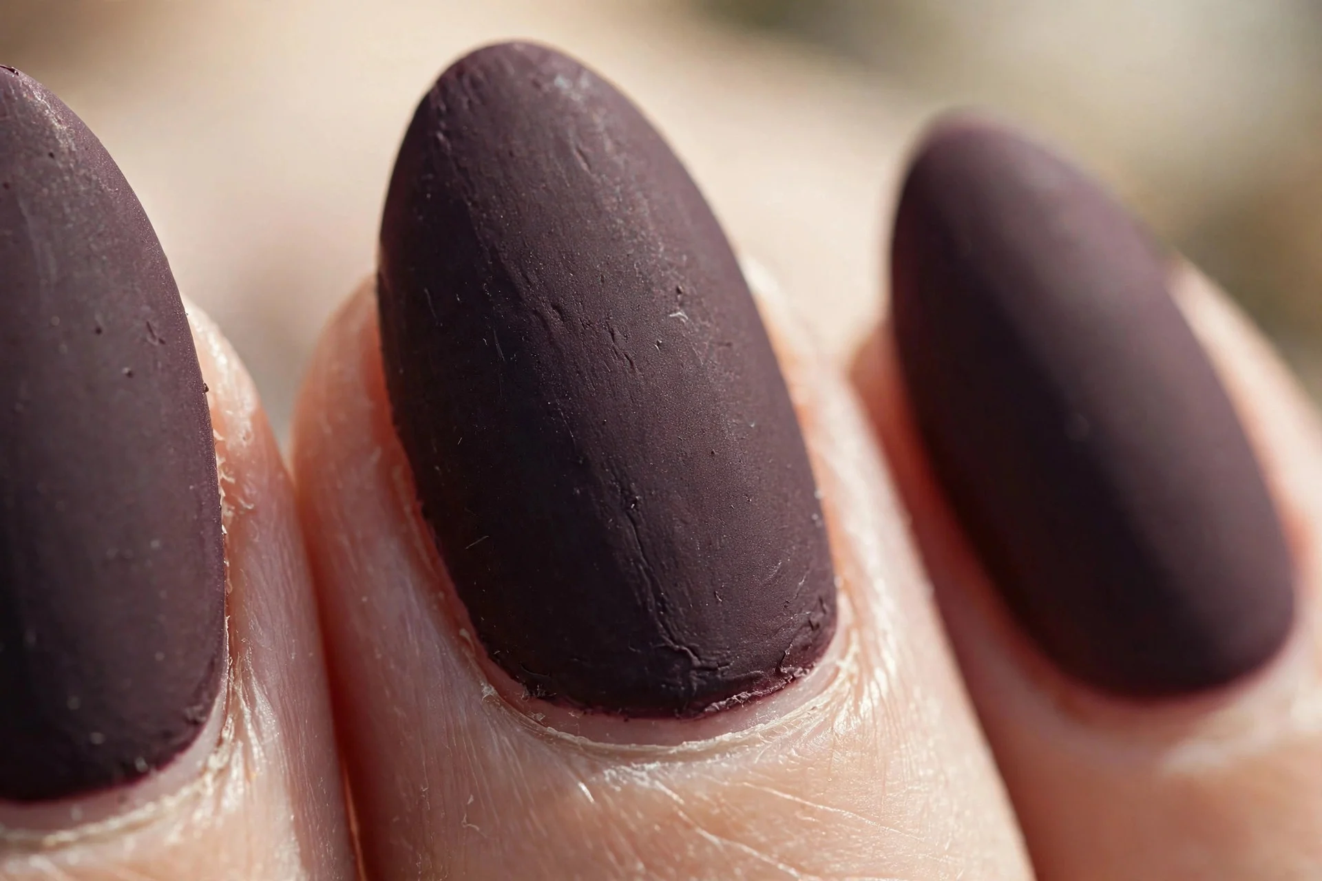 almond nails in matte dark plum polish