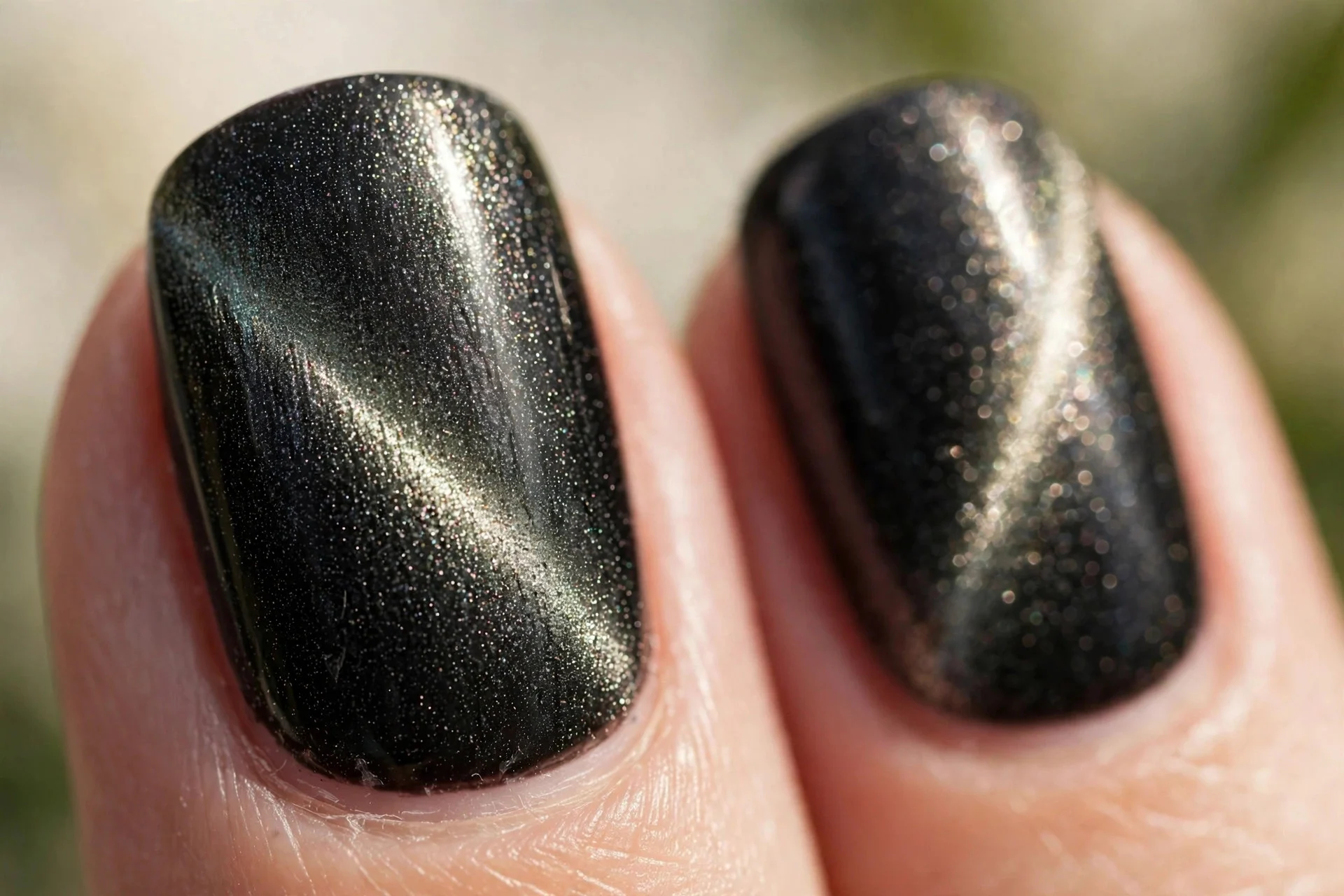 black nails with magnetic cat-eye shimmer effect