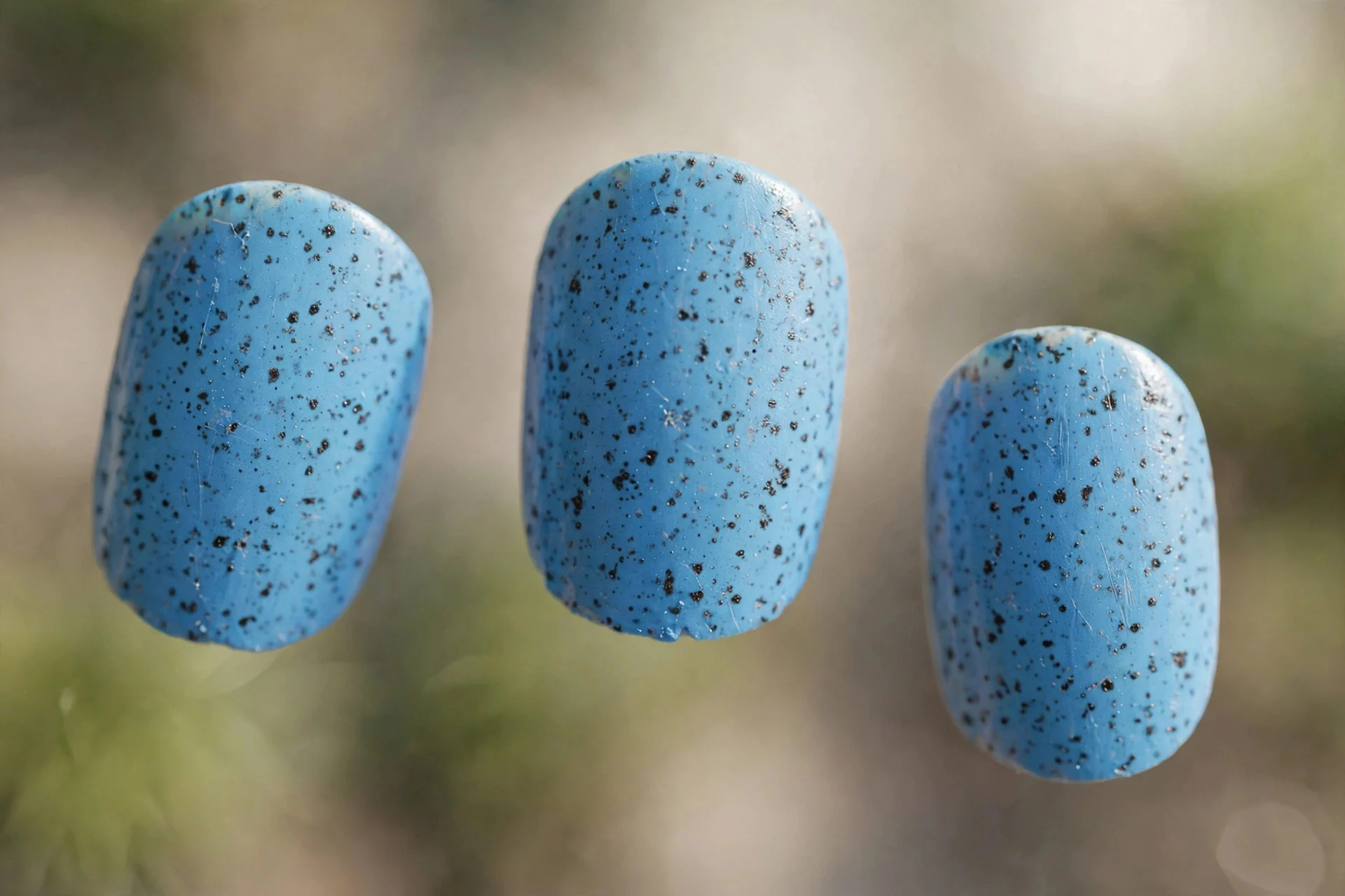 Robin's egg blue polish with dark speckles, short oval nails