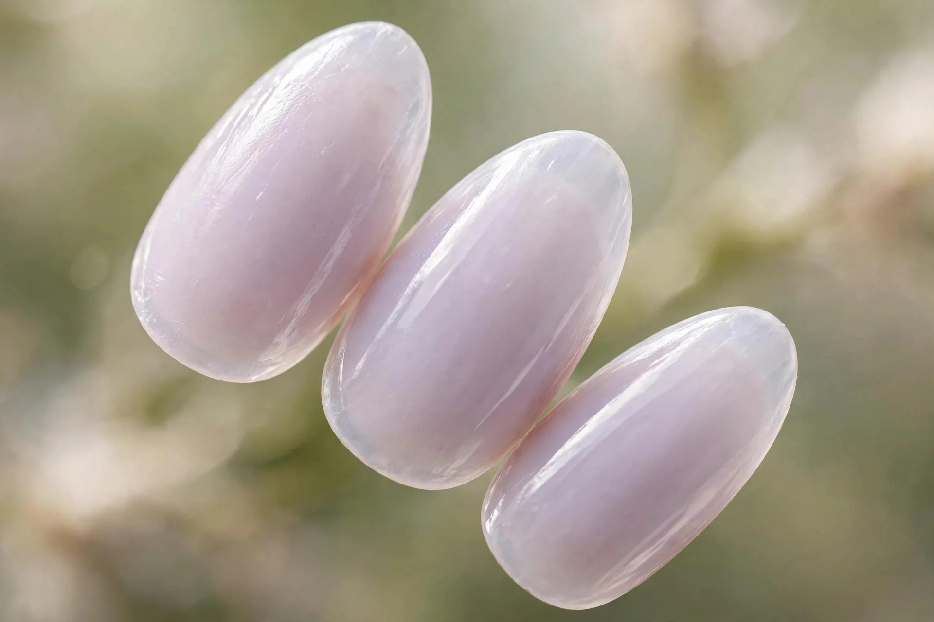 Milky lavender semi-sheer polish, almond nails