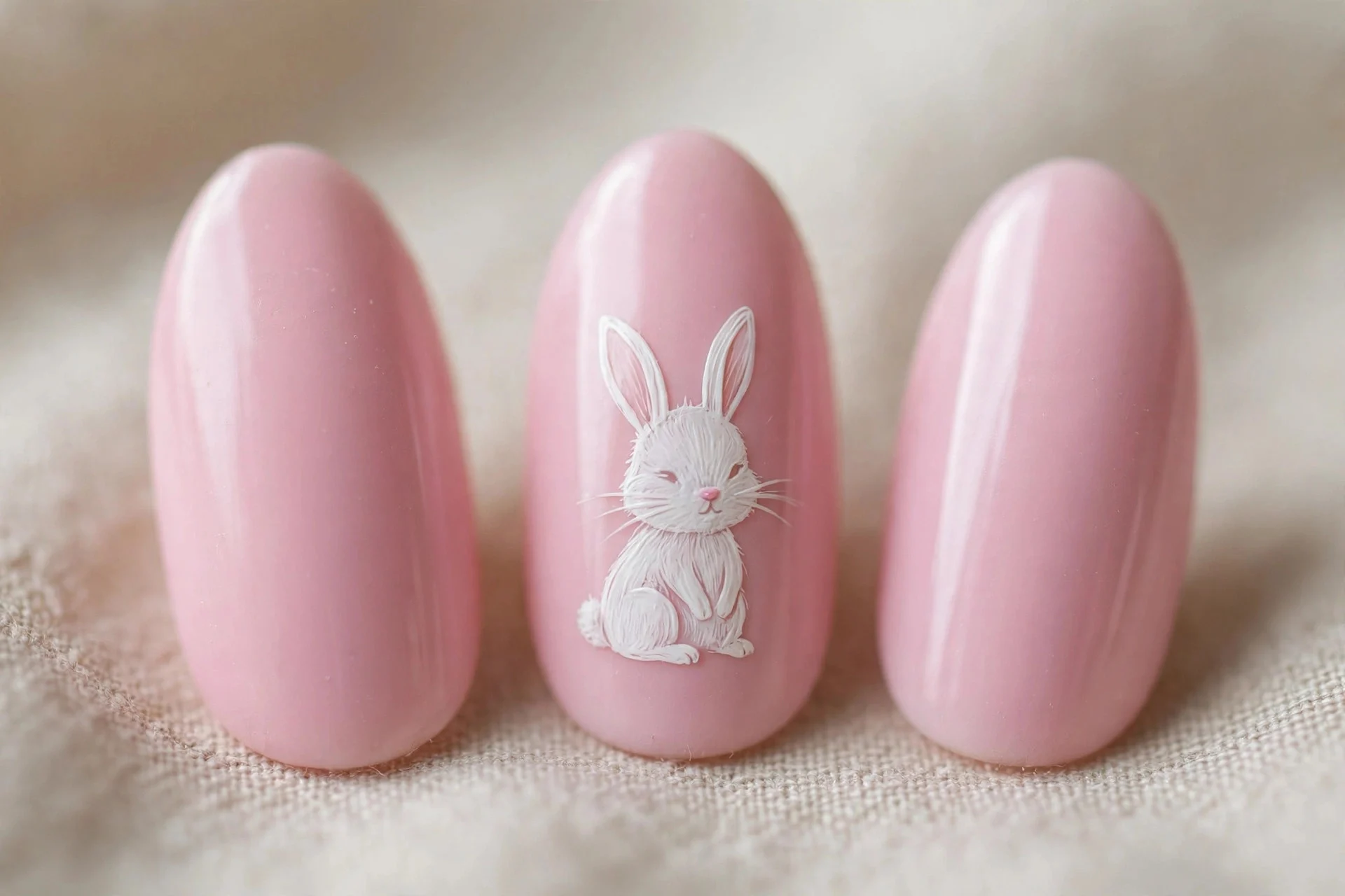 Soft pink nails with one hand-painted white bunny accent, almond nails