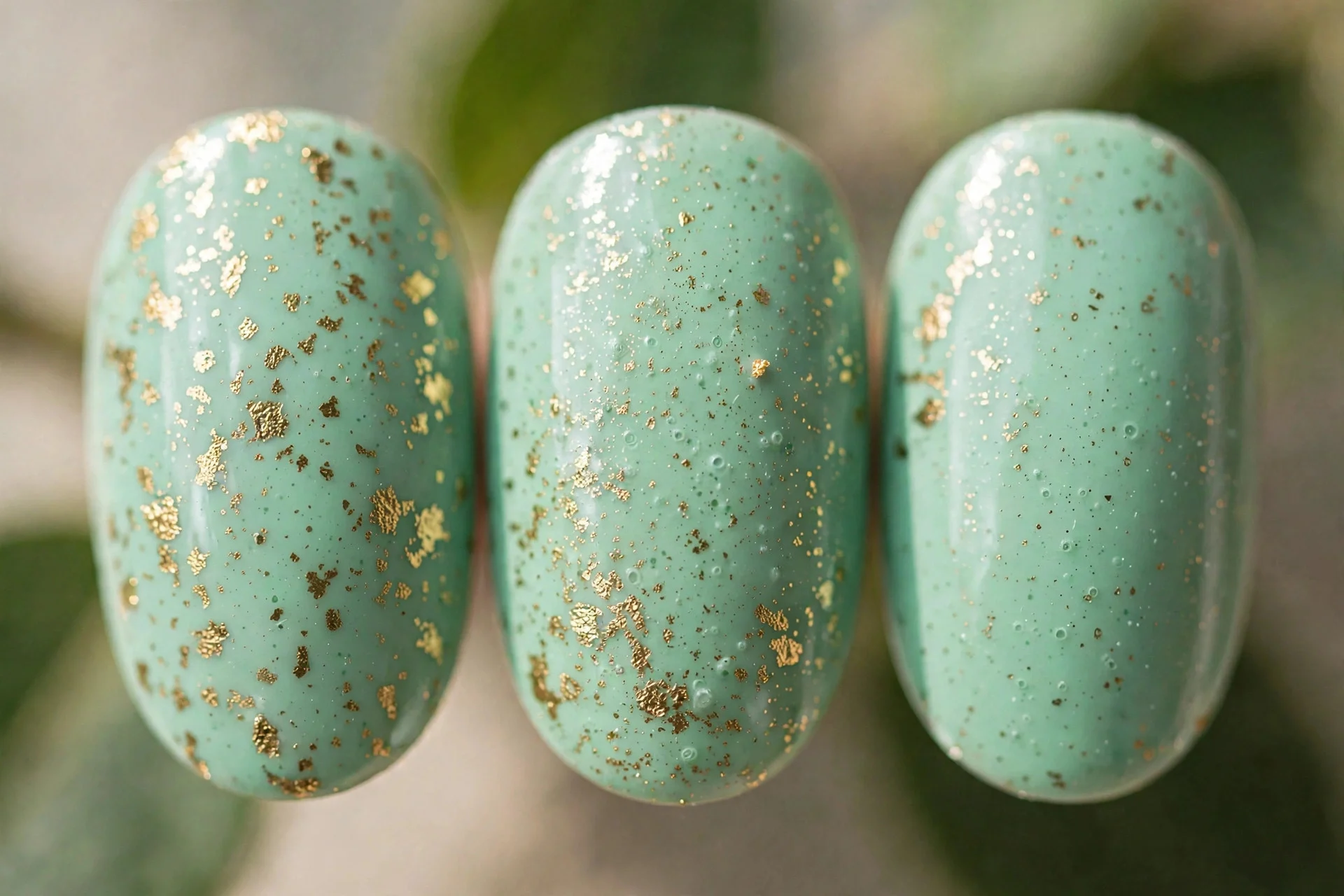 Mint green polish with scattered gold foil flecks, oval nails