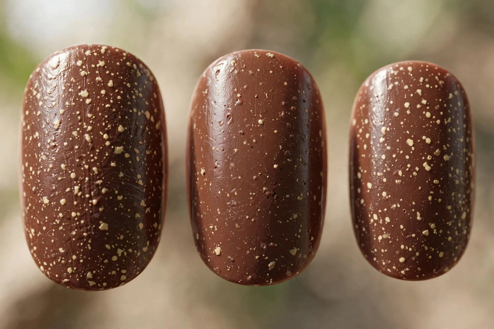Chocolate brown nails with cream speckles, short oval nails