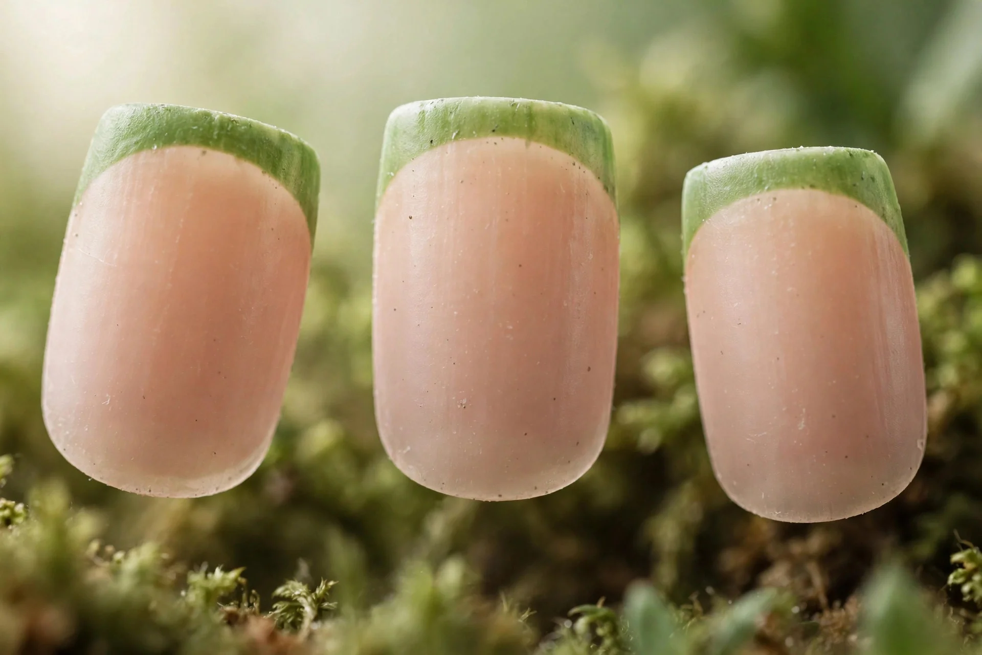 Nude nails with grass green French tips, short square nails