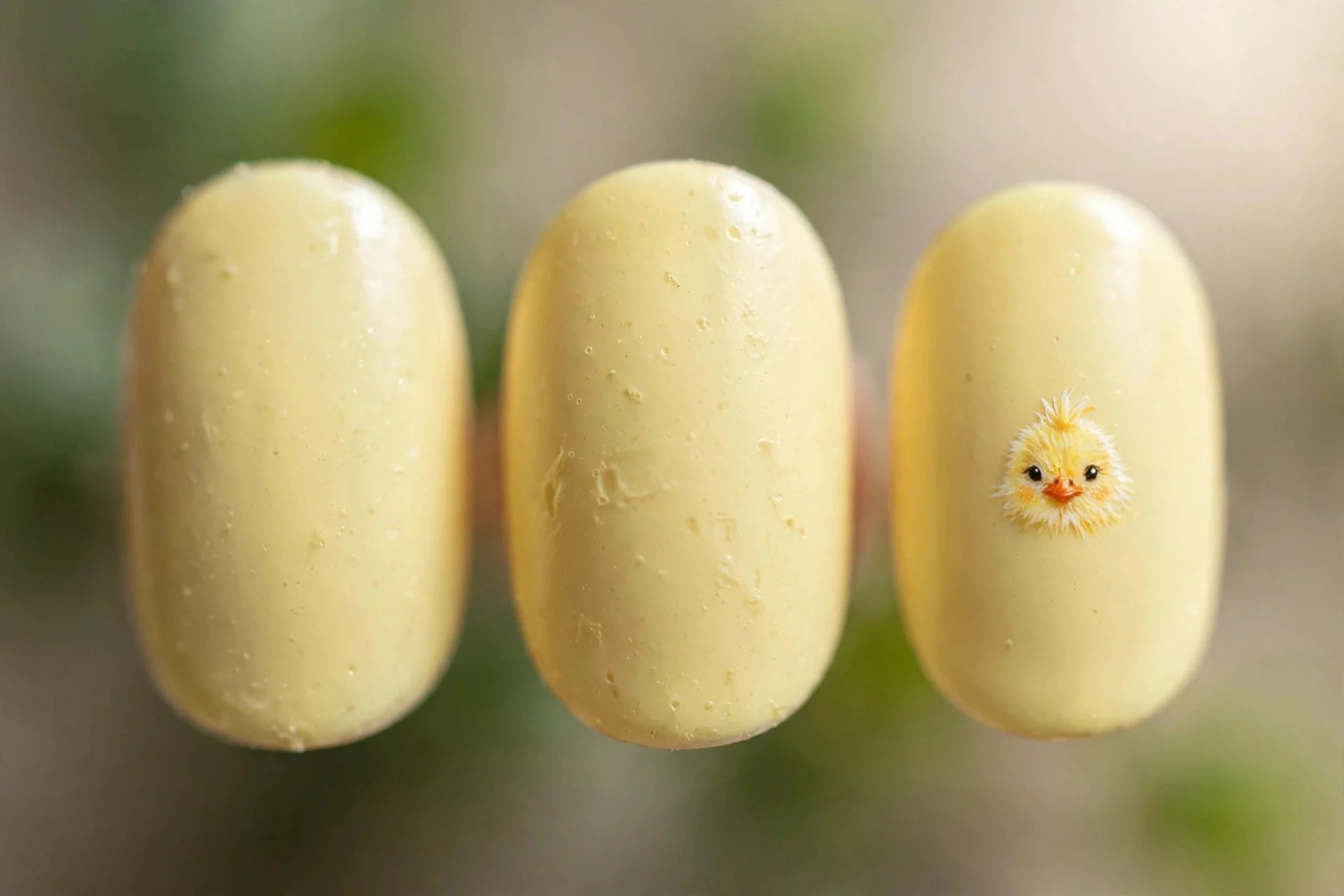 Pale yellow polish with tiny chick face accent nail, short oval nails