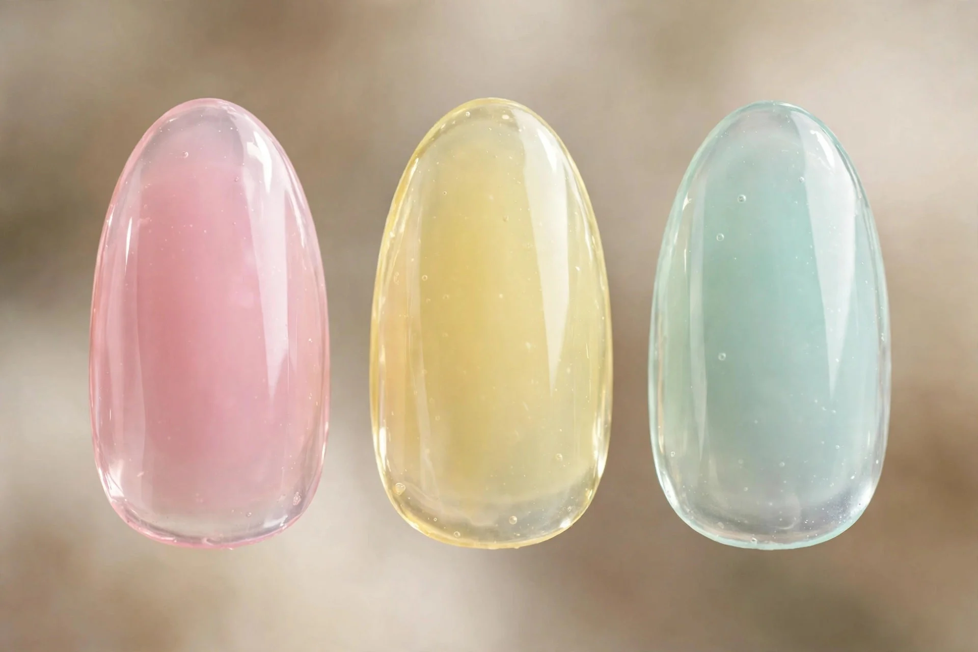 Translucent pastel jelly nails in pink, yellow and mint, almond nails