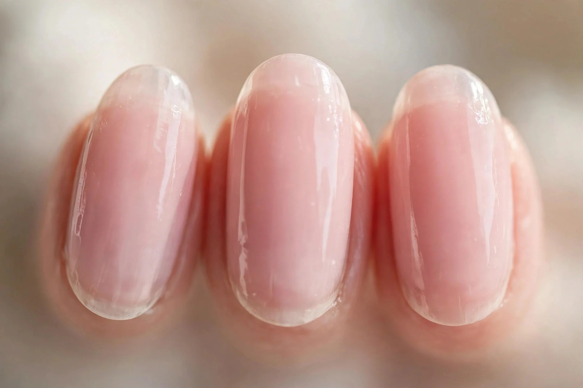 Sheer blush pink polish, short almond nails