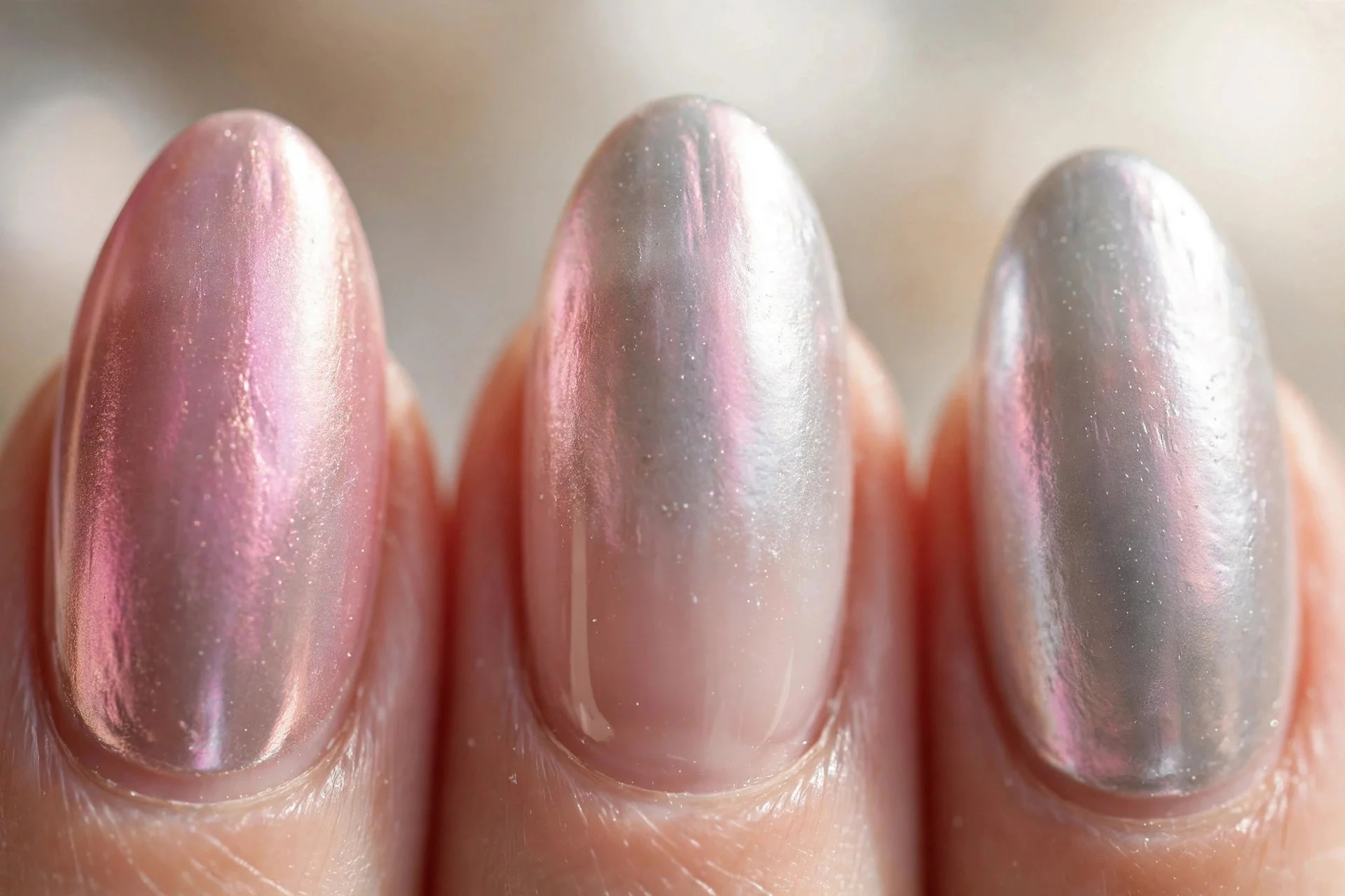 Pearl chrome over sheer nude, shifting pink to silver, almond nails