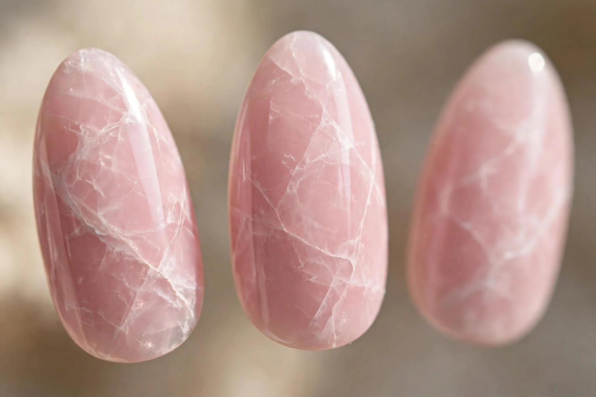 Soft pink nails with white rose quartz veining, almond nails
