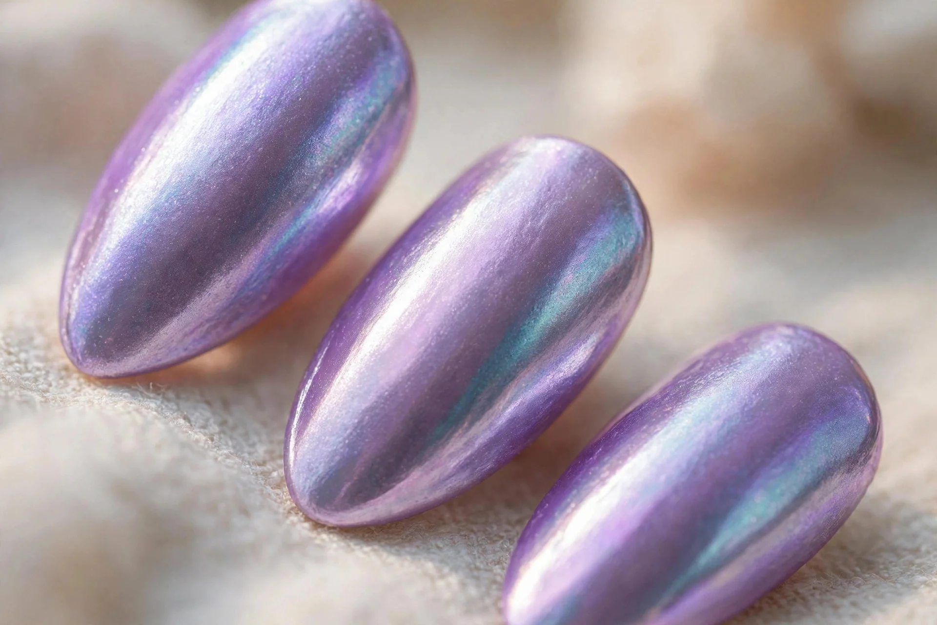 Lilac shifting chrome nails, almond nails