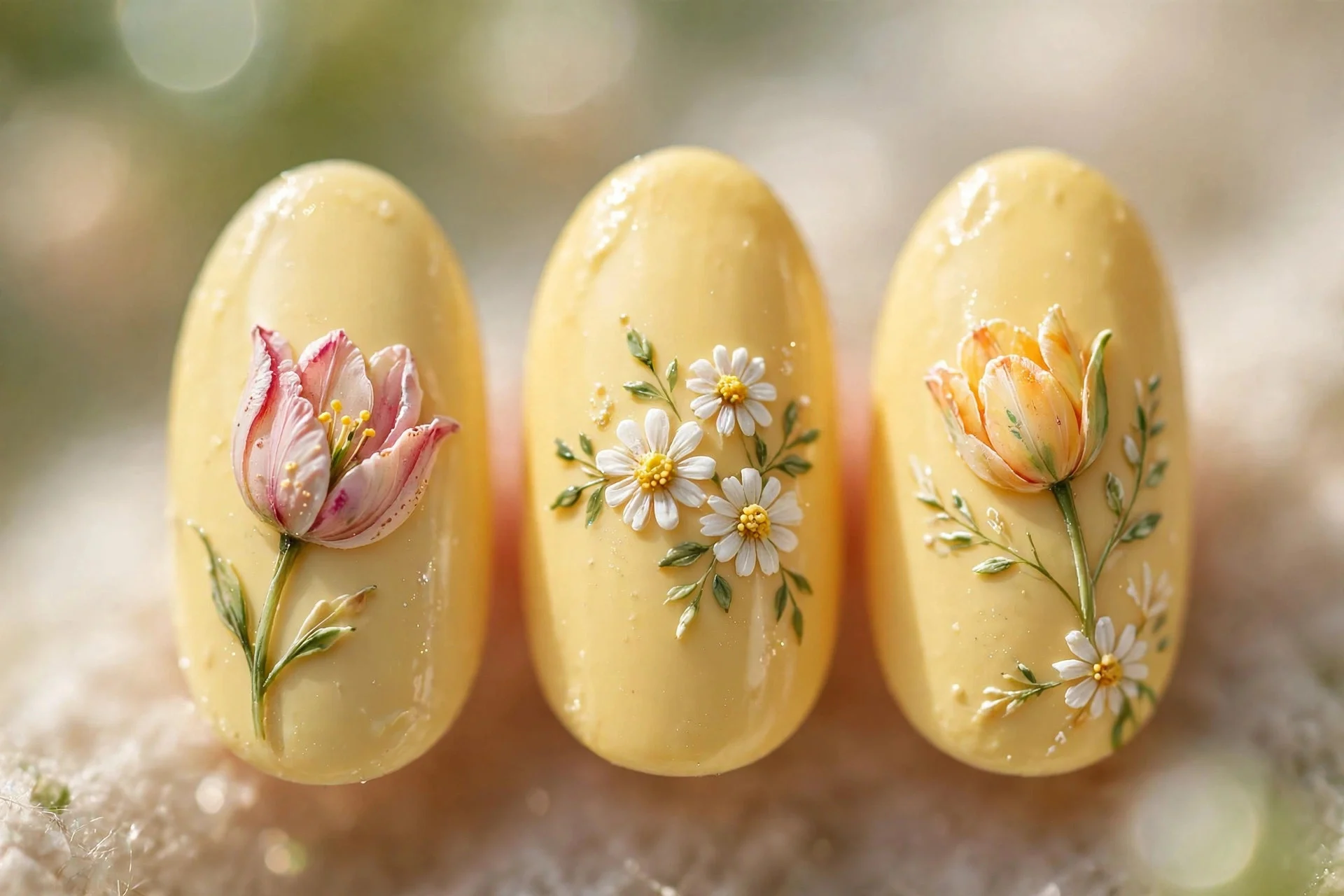 Butter yellow nails with hand-painted tulips and daisies, almond nails