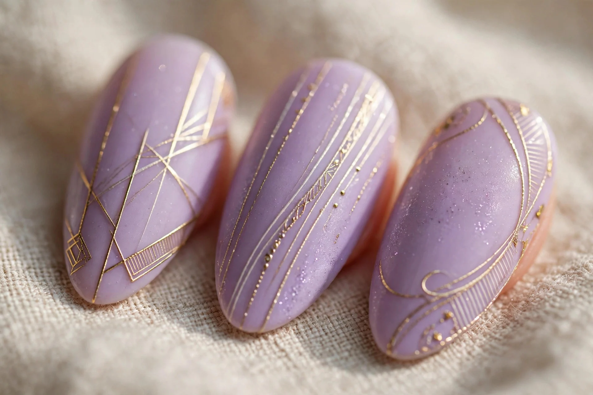 Lilac nails with fine gold line detailing, almond nails