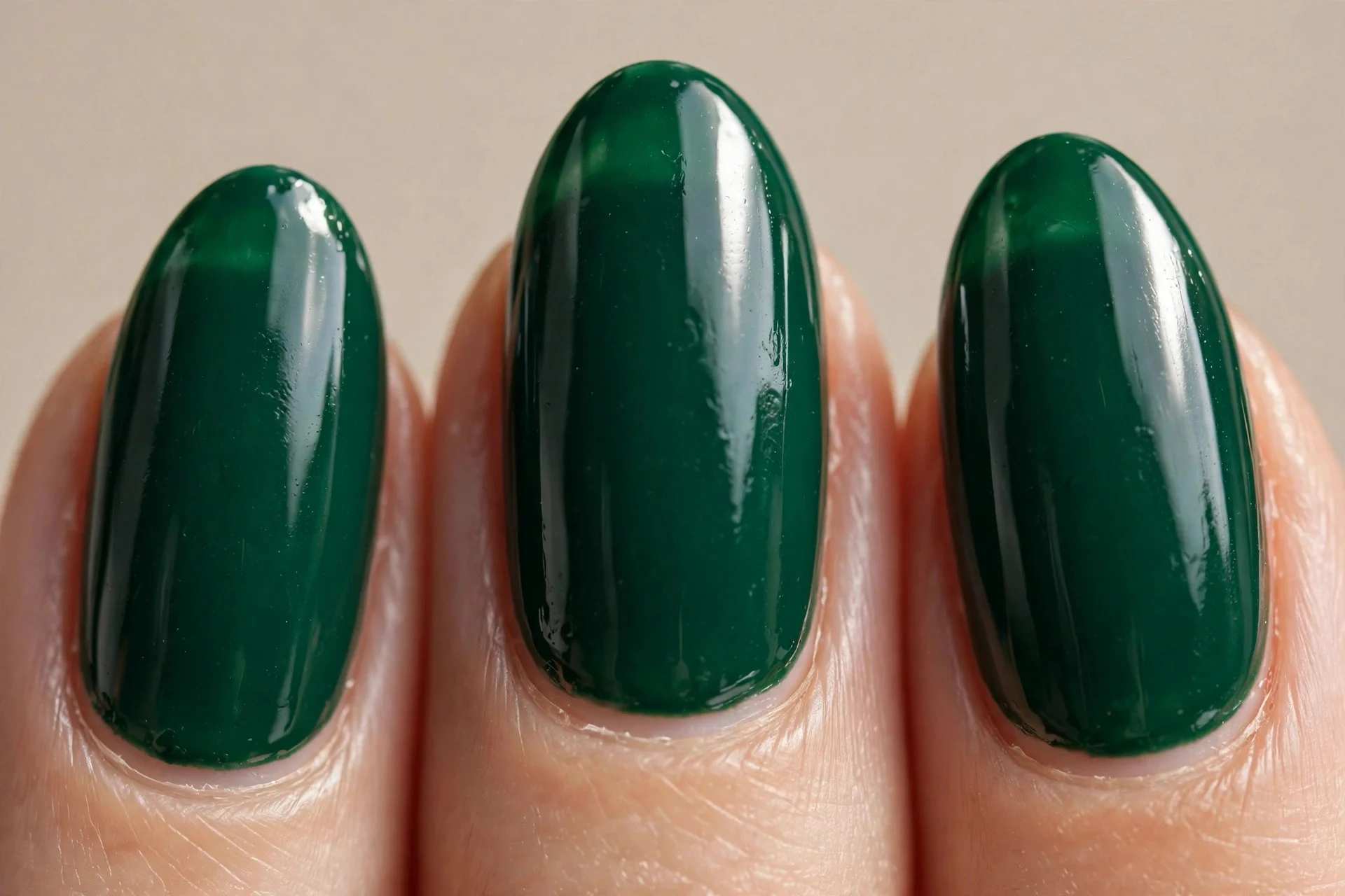 Deep true emerald creme, glossy, medium almond nails.