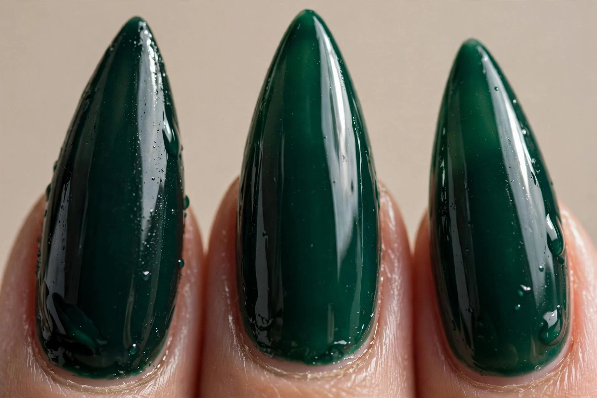 Inky emerald, wet-look gloss, long stilettos.