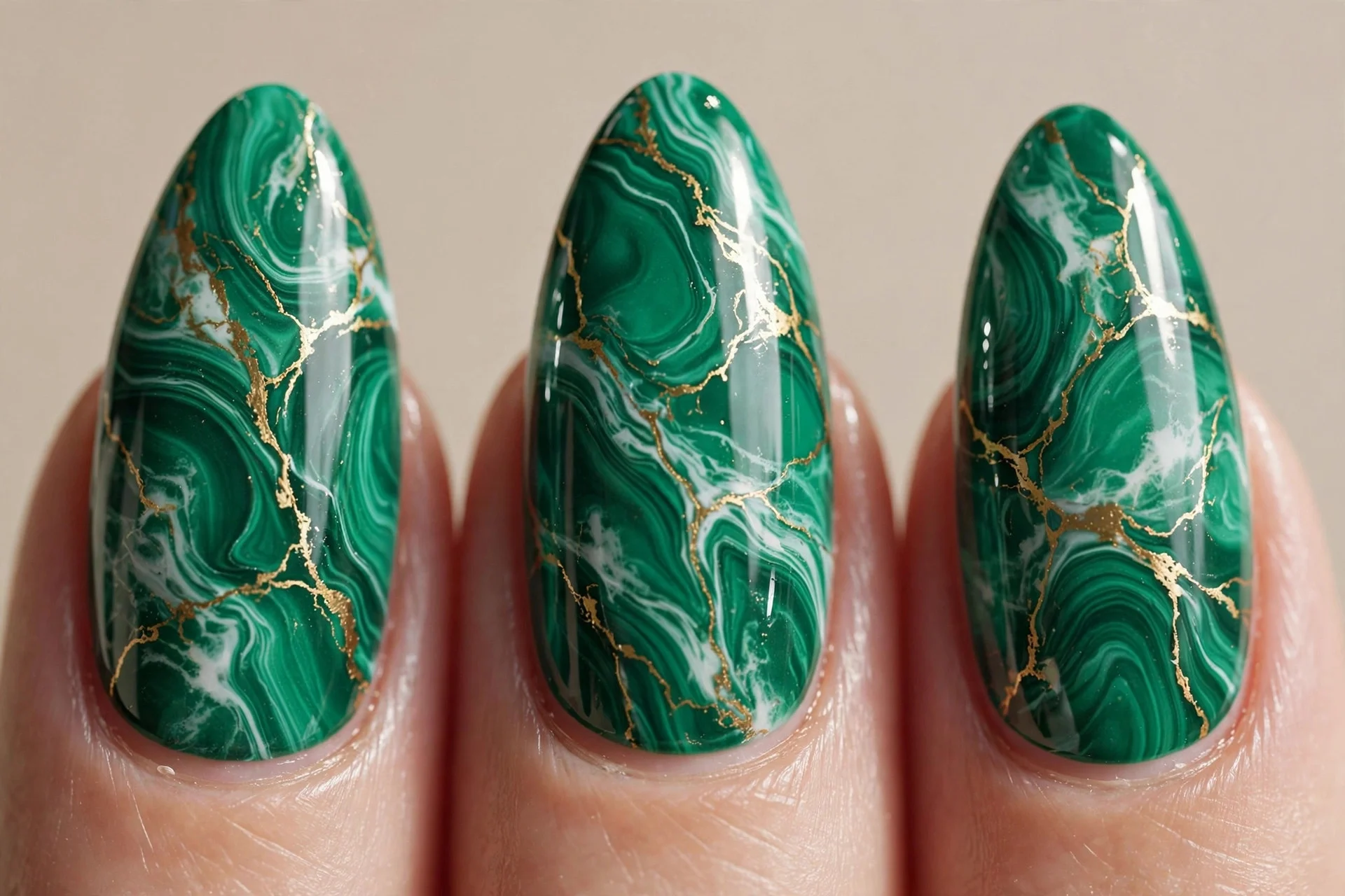 Vivid emerald, white and gold marble, long almond.