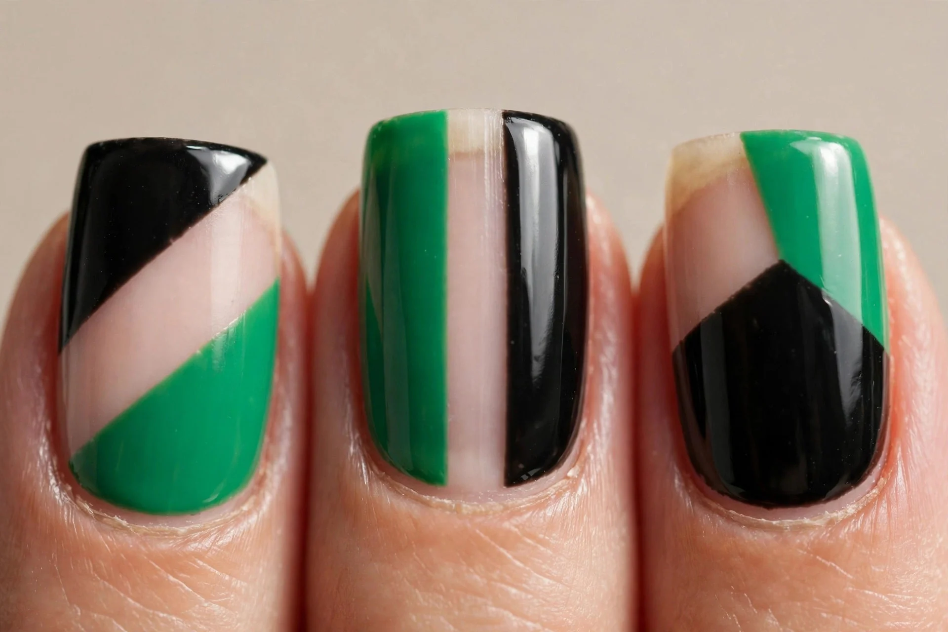 Emerald and black negative space, square nails.