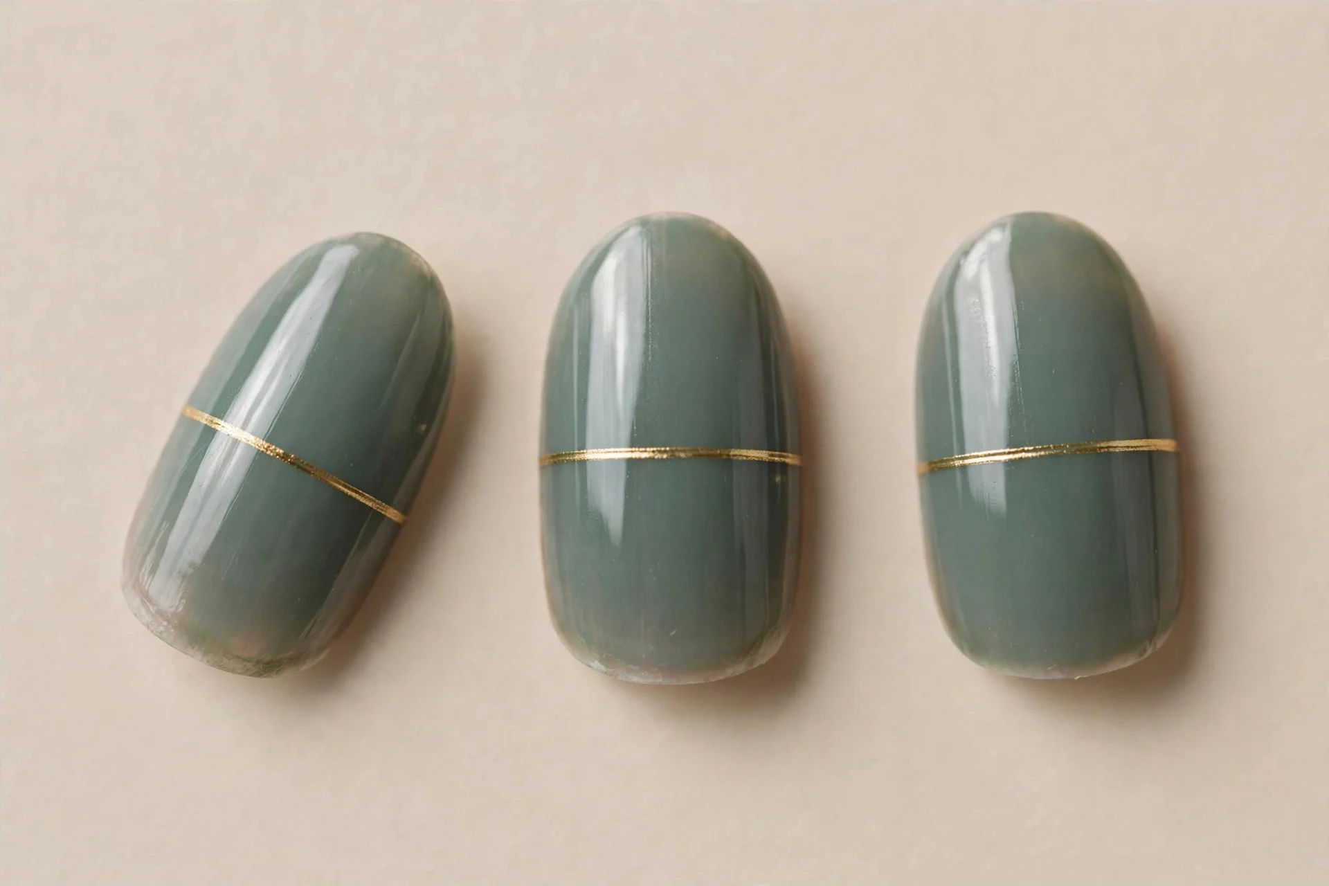 Grey-green emerald, fine gold stripe, short almond.